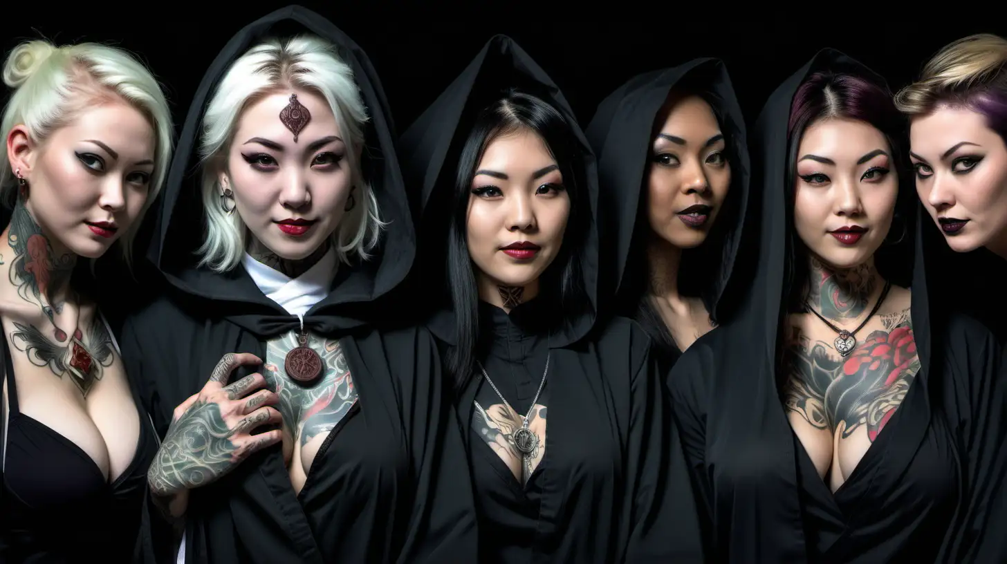 A group of six gothic inquisitors wearing black sinister robes and religious wolf-like items (no christian symbols). One is an asian strict lady with her face covered with wolf tattoos, her robe tightly closed up to her neck, her hairs tightly attached beneath her dark veil. One is a smiling young white woman with more revealing clothes, a generous neckline, and a wolf tattoo on her chest between her breasts. One is a short old white woman, with loose short hairs, her robe is more tightly closed, she wears a green jade wolf-like amulet on her chest and has her nun-like robes more tightly close. One is a hooded young black woman, with a shy smile, red earrings, and one or two tattoos or her neck. One is a younger blond teenage girl with a candid look, and more sexy robes with a more generous neckline, and a few tattoos on her chest. One is a young white male dressed like a priest in a more conventional clothes.