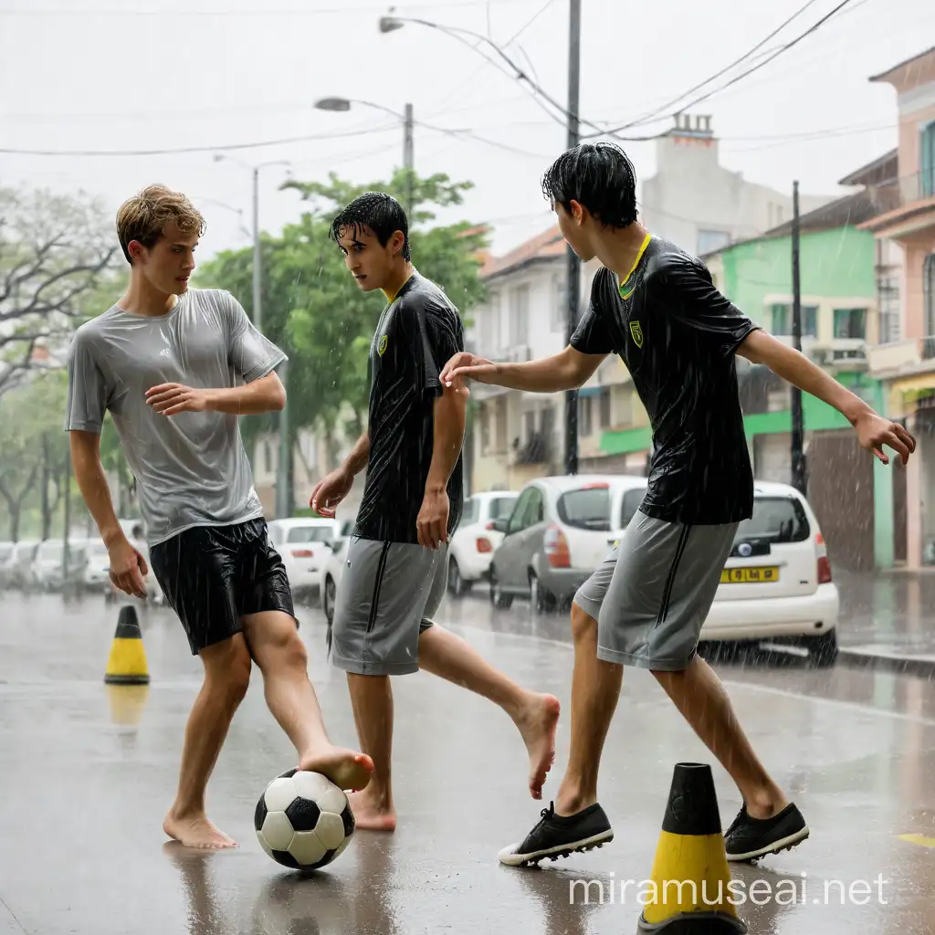 Use a imagem como referência para as posições apenas. Em rua arborizada, dois jovens NUS, pelados, sem nenhuma roupa e descalços frente a frente, vistos de lado. Um com o pé SOBRE uma bola de futebol disputando com o outro. Chovendo.