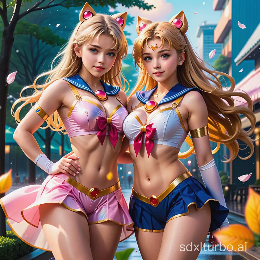 Busty gyaru Chloe Grace Moretz and busty gyaru Sydney Sweeney starring in Sailor Moon, wearing underboob, epic cinematic pose like on a poster, like on an advertising poster, back to bac, lots of details in the environment, rain, snow, flower petals and leaves from trees flying, sunset, sunny rays, rainbow, professional photos, realistic photos, strong hairblowing wind, perfect beautiful face, hq eyes, plump lips, shy smiling, flat stomach, slender hips, slender legs, long legs, perfect body, slim hips, style raw,