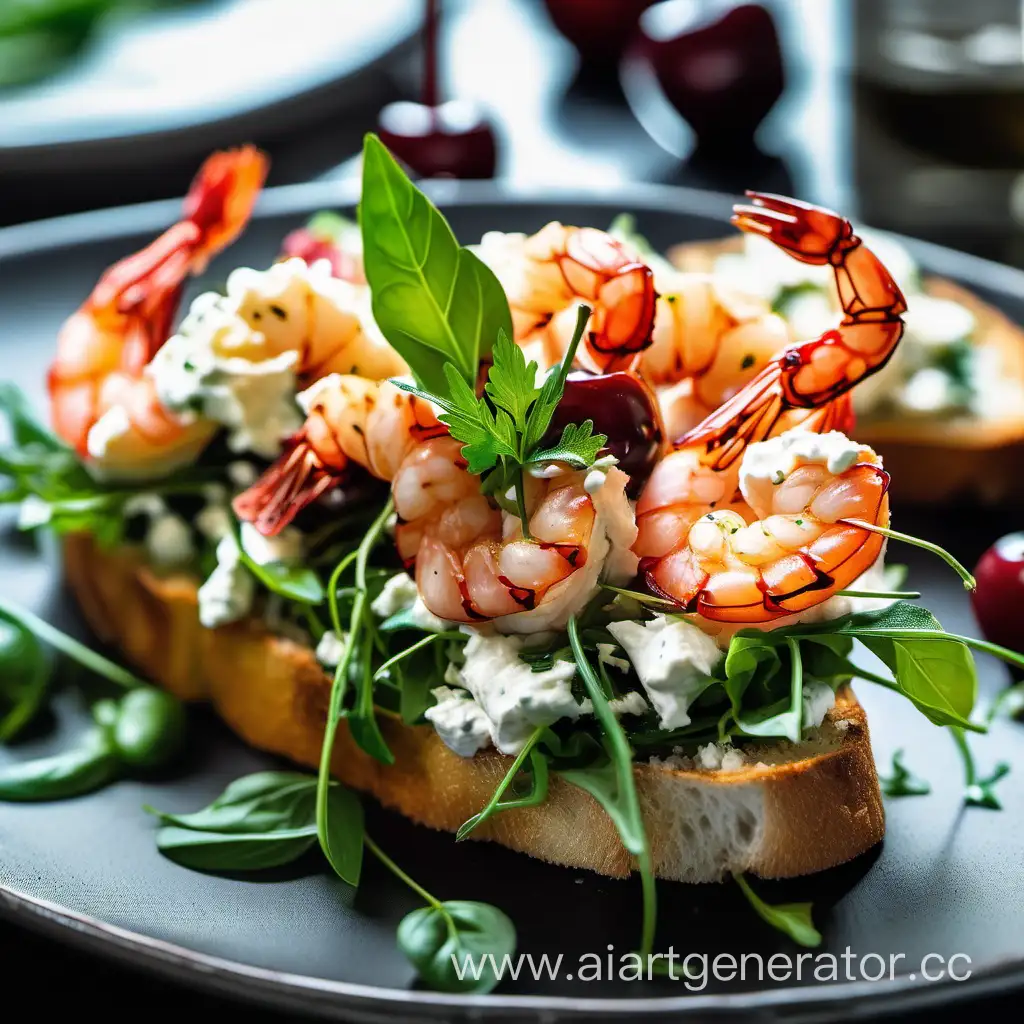 Gourmet-Bruschetta-with-Cottage-Cheese-Cherries-and-Fried-Shrimp