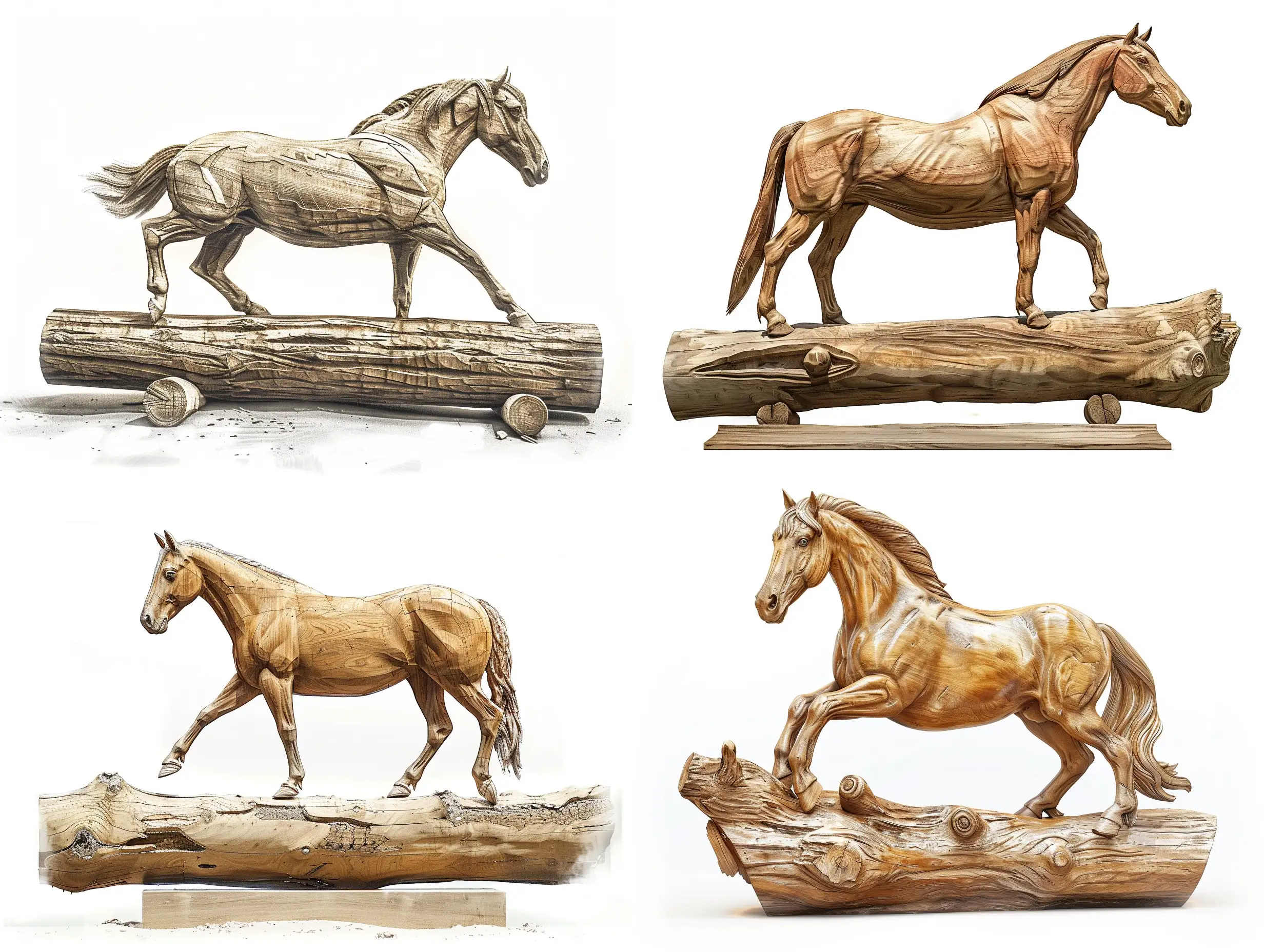 Professional sketch for wooden sculpture, a full-length horse on a large wooden log in profile, professional dynamic character, front back view and side view, wood carving, white background, 8k Render, ultra realistic