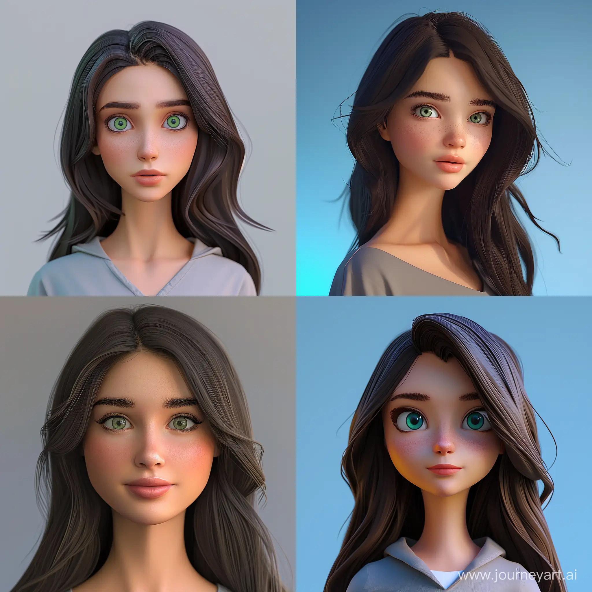 Create a 3D illustration of a female character. age-22 years old, nationality Russian, Slavic type of appearance. The face is oval. The character's hair should be long, dark brown and parted in the middle. The character's eyes should be green, medium, oval, almond-shaped. The character's nose is medium-sized, the shape of the tip of the nose is rounded.  The lips are medium, protruding relative to each other, the contour of the border of the upper lip is sinuous, the shade of the lips is pinkish. The character must be dressed in casual clothes. The Telegram social network is the background for a 3D illustration.