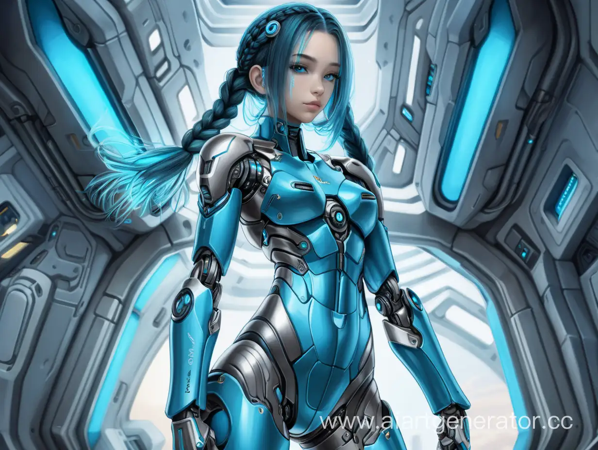 Subject: In this image generated by artificial intelligence, the central object is a cyborg girl who is dressed in a tight-fitting suit. A suit is not just a piece of clothing; it serves as protection and armor. The outfit chosen by the girl is a unique combination of black and blue. The tight-fitting suit is carefully thought out, it emphasizes the figure, it attracts the attention of the viewer. Her legs and arms are robotic

Scenery: The background shows the space station 

Style/coloring: The image uses black and blue shades, which emphasize the details of the tight-fitting suit and mechanical legs and arms  

Action/objects: The girl stands confidently, radiating a sense of strength and self-expression. It is surrounded by a view of the night city

Suit/Appearance: A tight-fitting suit that emphasizes the curves of the body, small breasts and beautiful legs. The girl has long turquoise hair braided in two braids below her hips