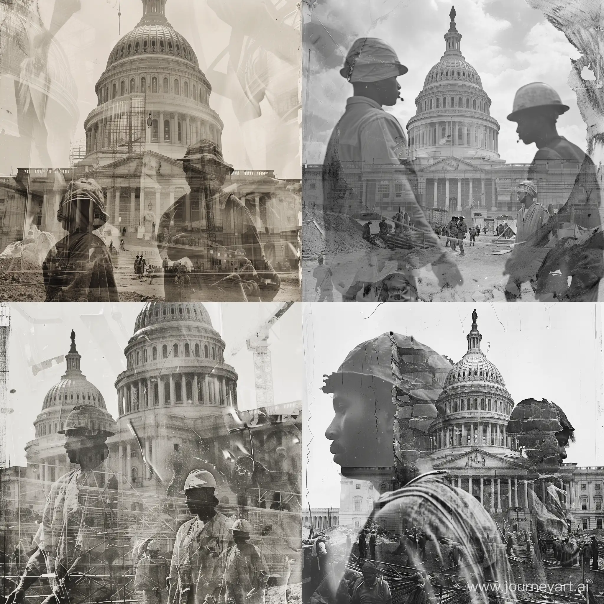 Double Exposure of the 17th century US Capitol building, under construction with African Americans laborers in old torn clothing