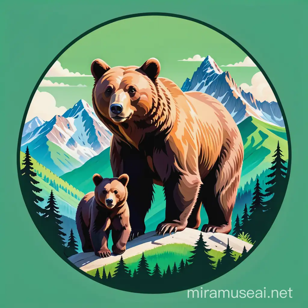 There is logo with a strong and protective mama bear standing with her cub with mountains and nature, colors: nature green
