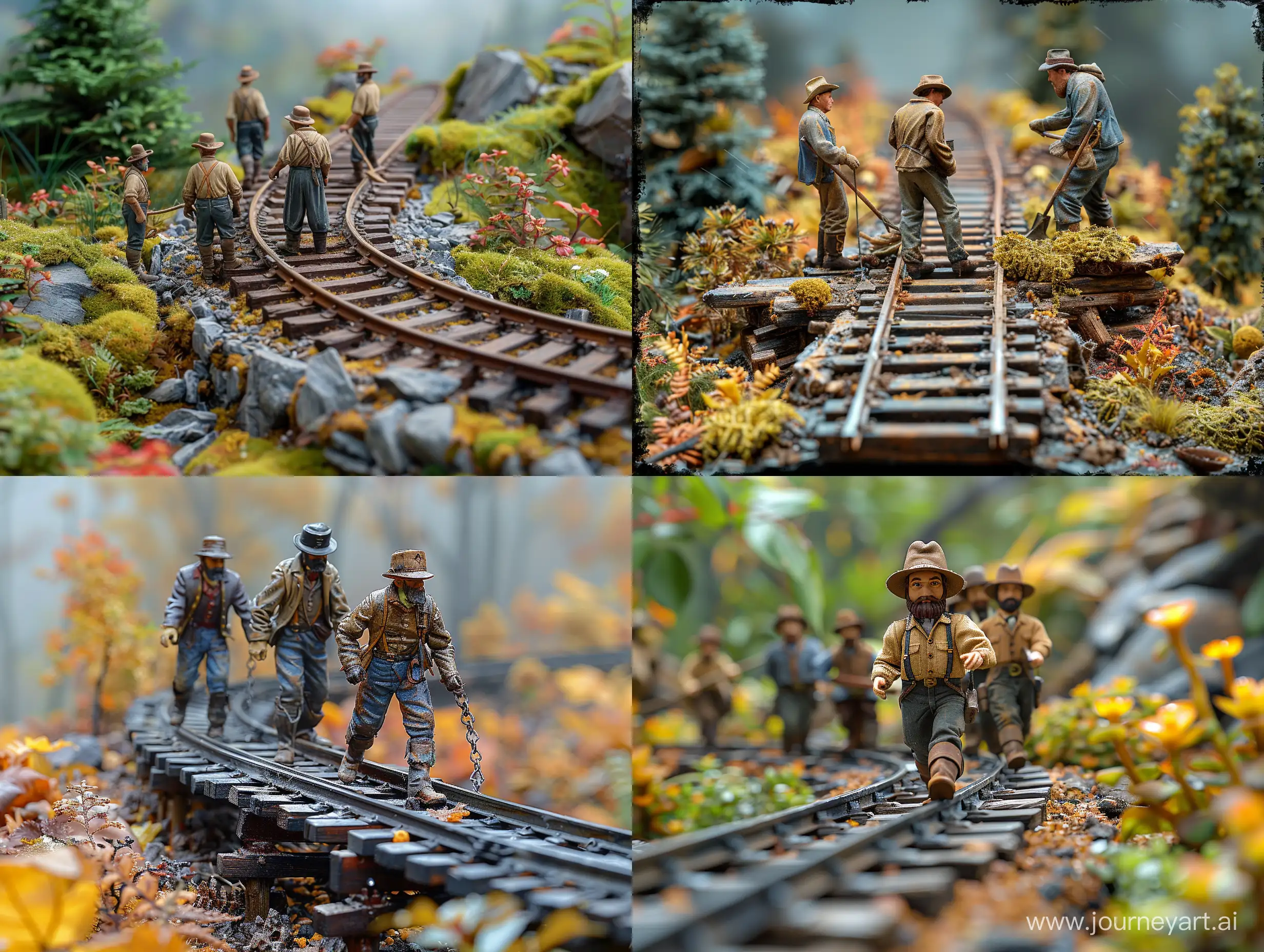 close up Railway workers in 1850 doing their daily work on the railway in normal and natural landscape American frontier conditions, with realistic and precise details in a beautiful and harmonious image with professional effects, background blur, precise details and creativity. highly detailed --style raw --stylize 750.