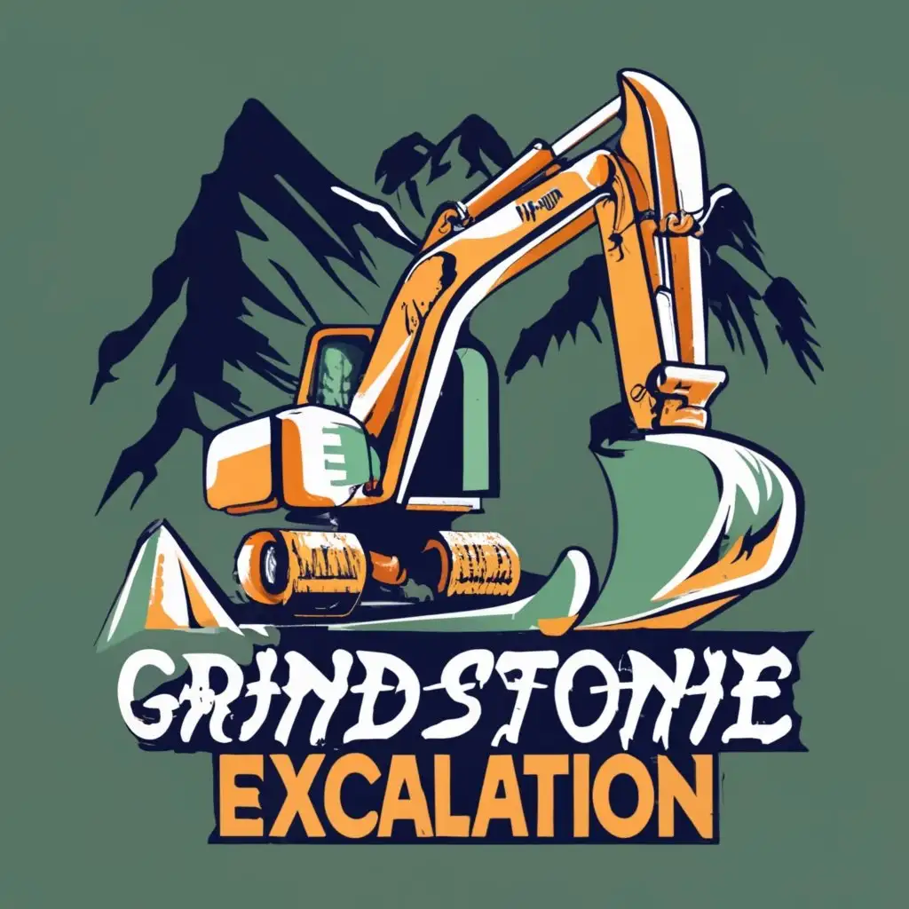 LOGO-Design-For-Grindstone-Excavation-Powerful-Excavator-on-Majestic-Mountain-Landscape-with-Striking-Typography