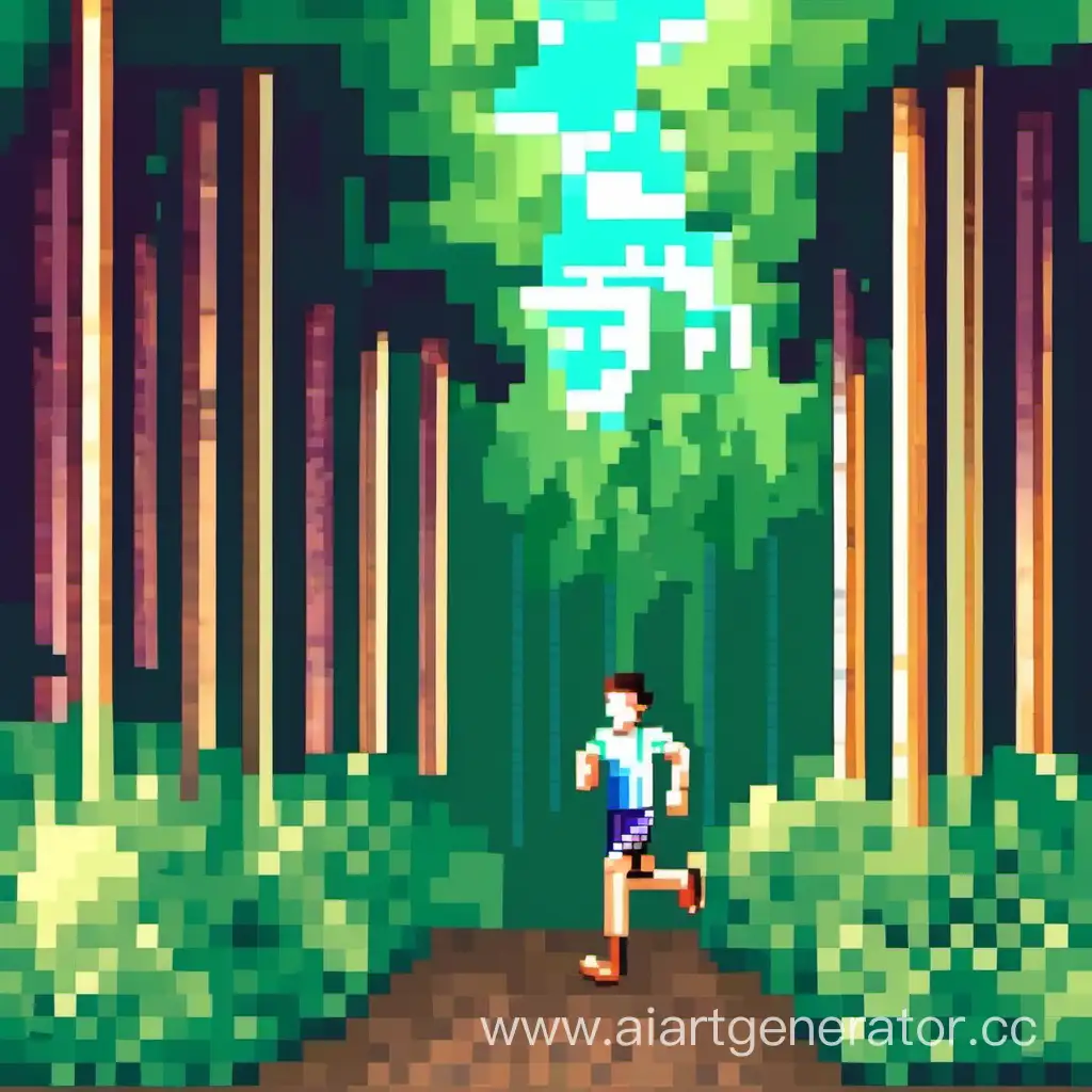 бегущий мужчина в лесу , пиксельный стиль