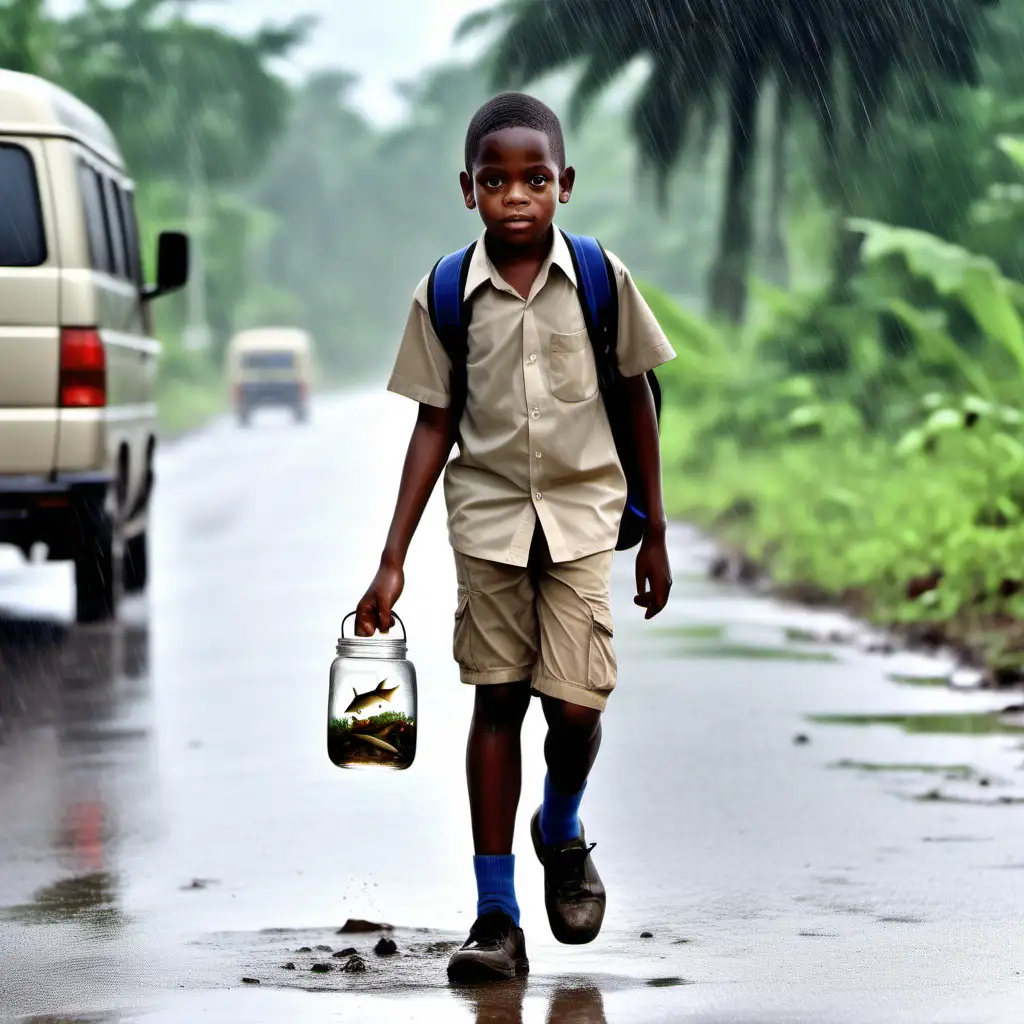 A nine year old boy in Khaki short pants and a khaki shirt, in shoes and socks is walking in the rain, the boy has a school bag on his back, the boy is holding a small glass fish bowl in both hands with small Pygmy corydoras in the fish jar, he is splashed by a van driving  in rural Jamaica.