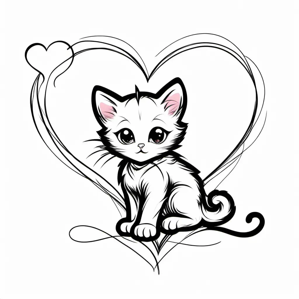 котик на белом фоне, с сердечком, нарисованный линией
