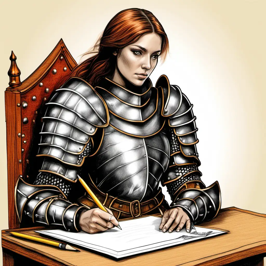 female in plate armor writing with quill in color pencil style