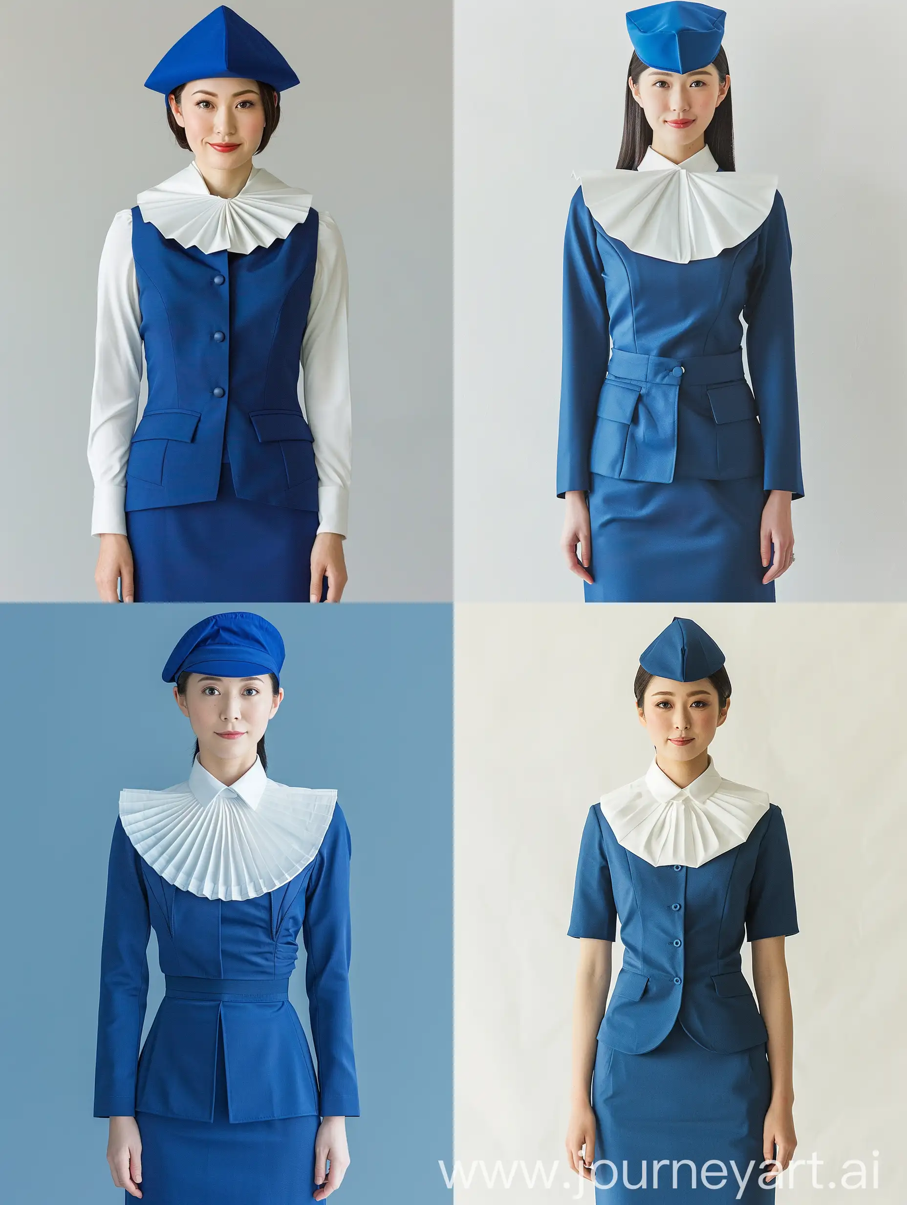 Photo of a beautiful Japanese woman in her 30s working as a flight attendant. A woman’s appearance speaks of her experience and professionalism; her uniform looks neat and tidy. The uniform consists of a blue cap, a blue skirt suit, underneath which is worn a white blouse with a large folded collar, spread outwards.