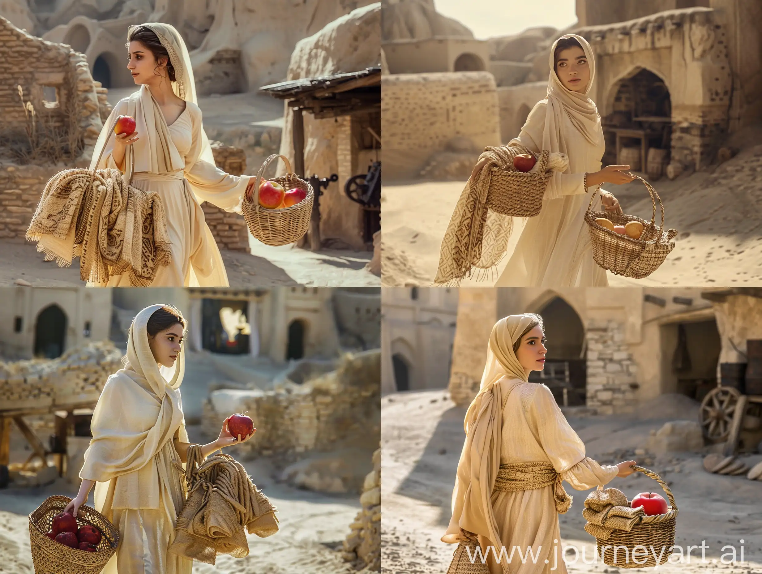 A young Persian woman wearing a cream-colored dress and headscarf, holding a basket full of woven shawls in one hand and an apple the size of a watermelon in the other basket, is walking towards an old blacksmith shop in the Bam citadel of Kerman. in a desert, in an ancient civilization, cinematic, epic realism,8K, highly detailed, glamour lighting, backlit 