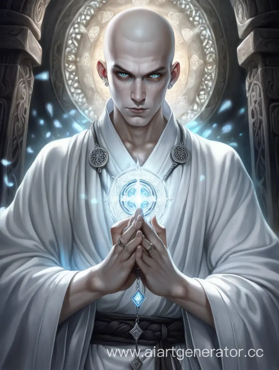 beautiful white man. human. dungeon dungeon. white monk. portrait. Holy aura. Sparkling full white light eyes
