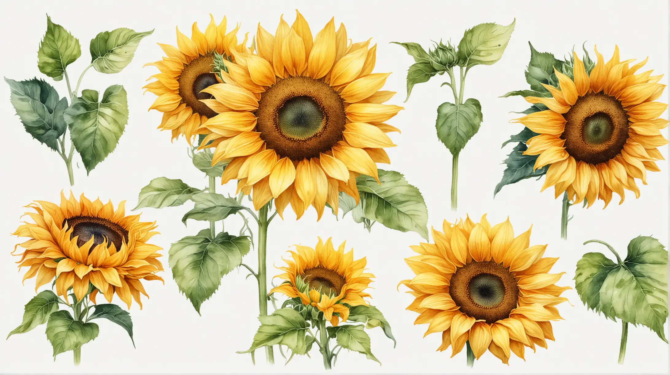 Vibrant Watercolor Sunflowers on White Background