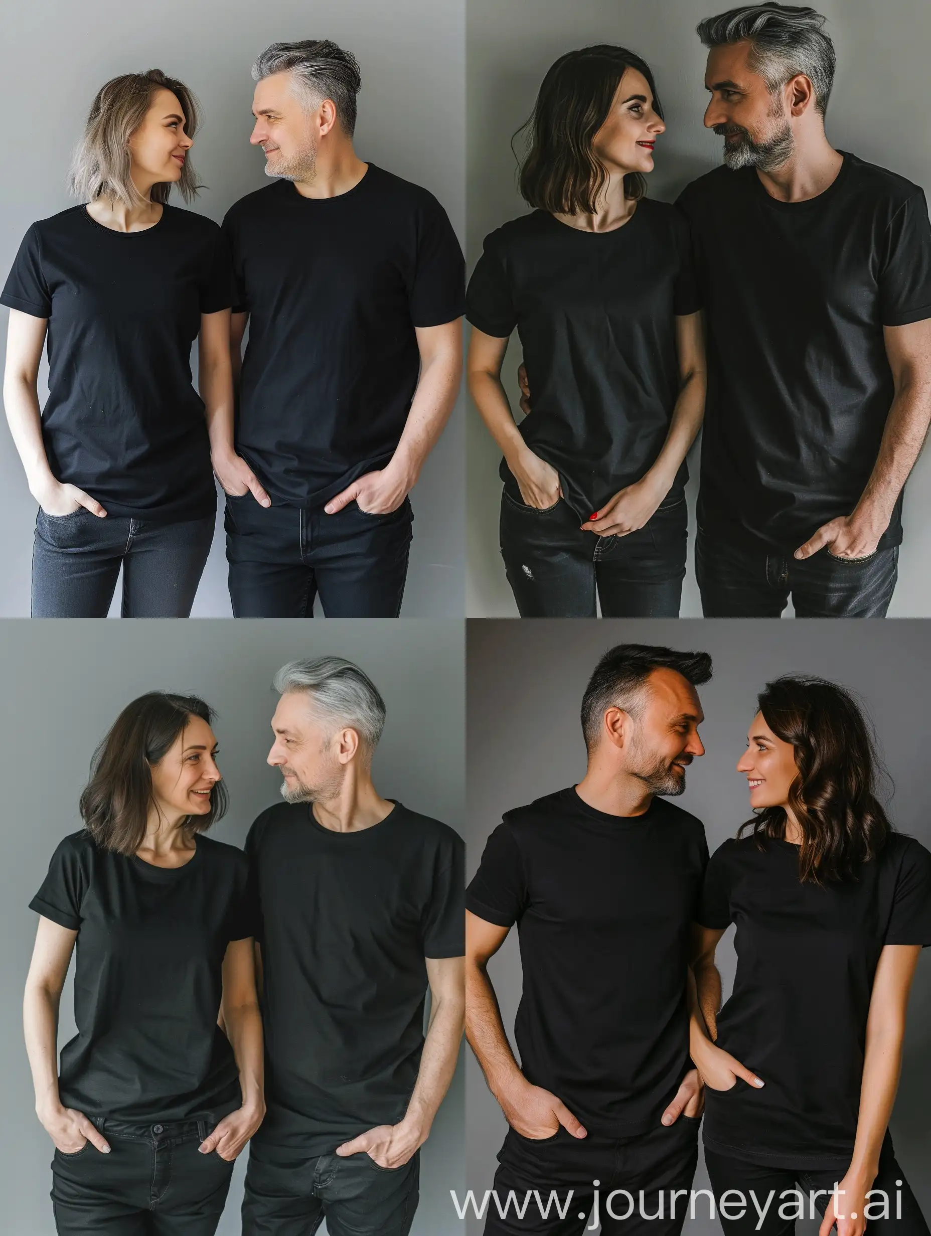 happy beautiful slavic couple man and woman middle age in black t-shirts looking at each other, hands in pockets