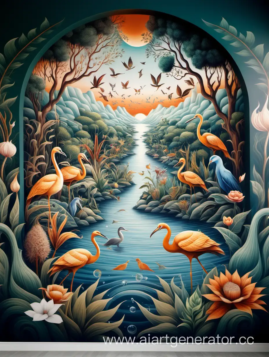 This Artwork an elegant and exquisite mural design, showcasing a and enchanting surreal landscape filled with artistic animal, plant, water, human, and imaginative elements. الصورة بجودة عالية أنيقة 

