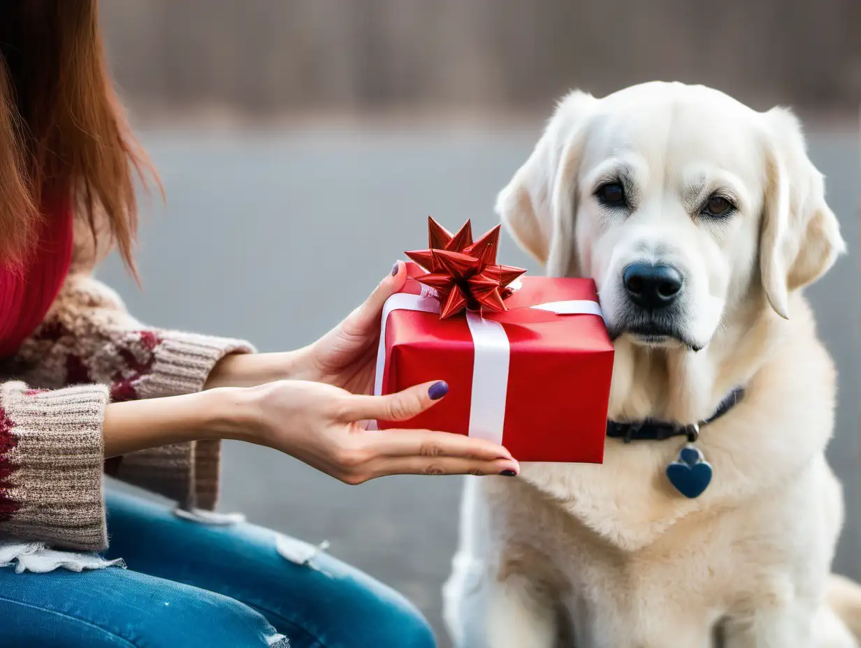 Woman Gifting a Present to a Dog