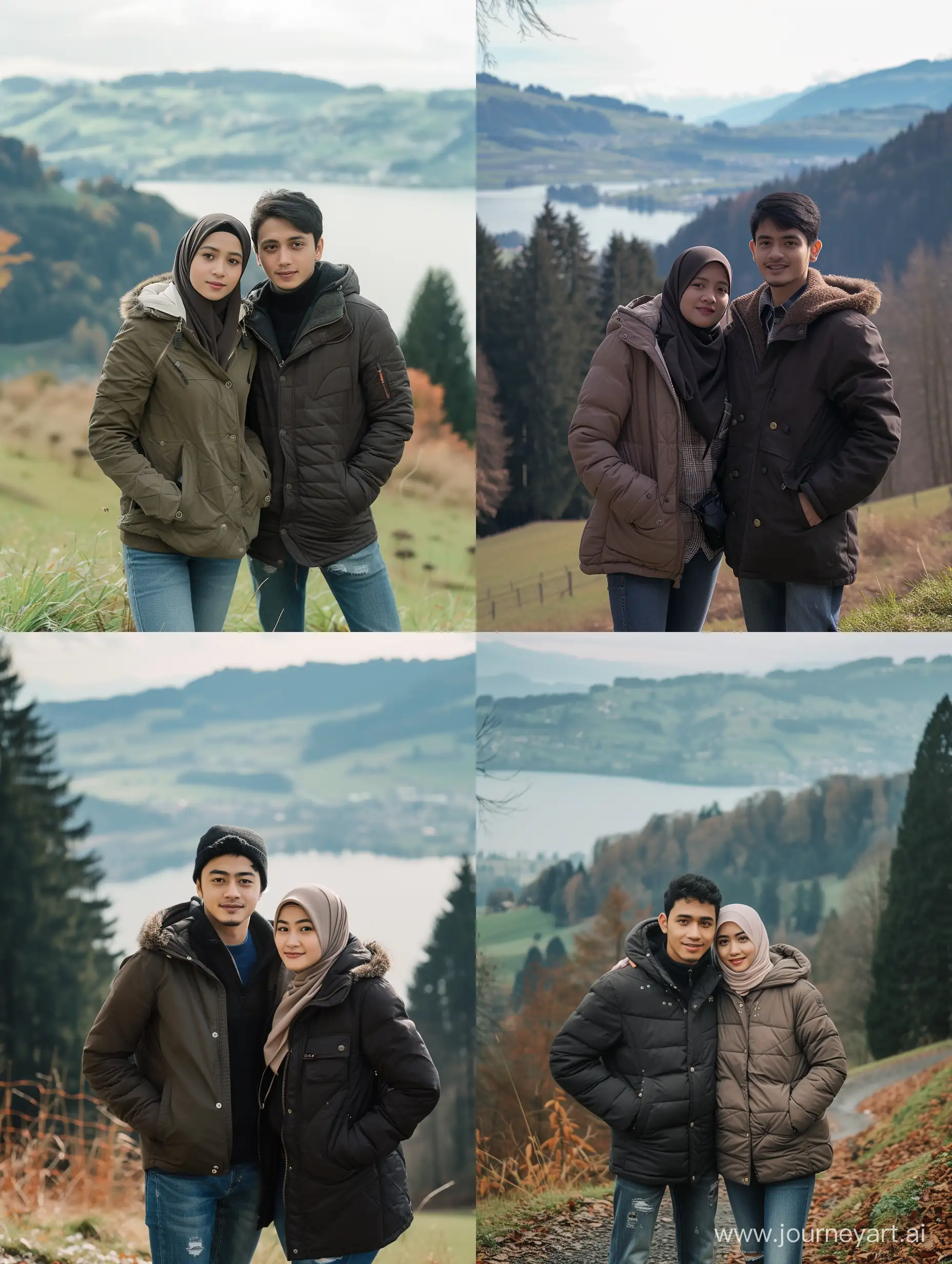 Indonesian Javanese hijab man and woman couple (25 years old, oval and clean face, Indonesian hair, thin body, brown skin, thick winter jacket, jeans) standing posing like models in Switzerland behind them there are big thick trees, hills and lakes , photo slightly tilted to the side, face visible, beautiful bright view of Swiss hills, minimal lighting, ultra HD, original photo, very detailed, very sharp, 18mm lens, realistic, photography, Leica camera
