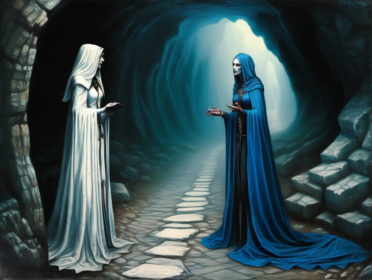 priestess talking to blue evil twin priestess, dark cave, bron clay floor with narrow white stone road, Medieval fantasy painting