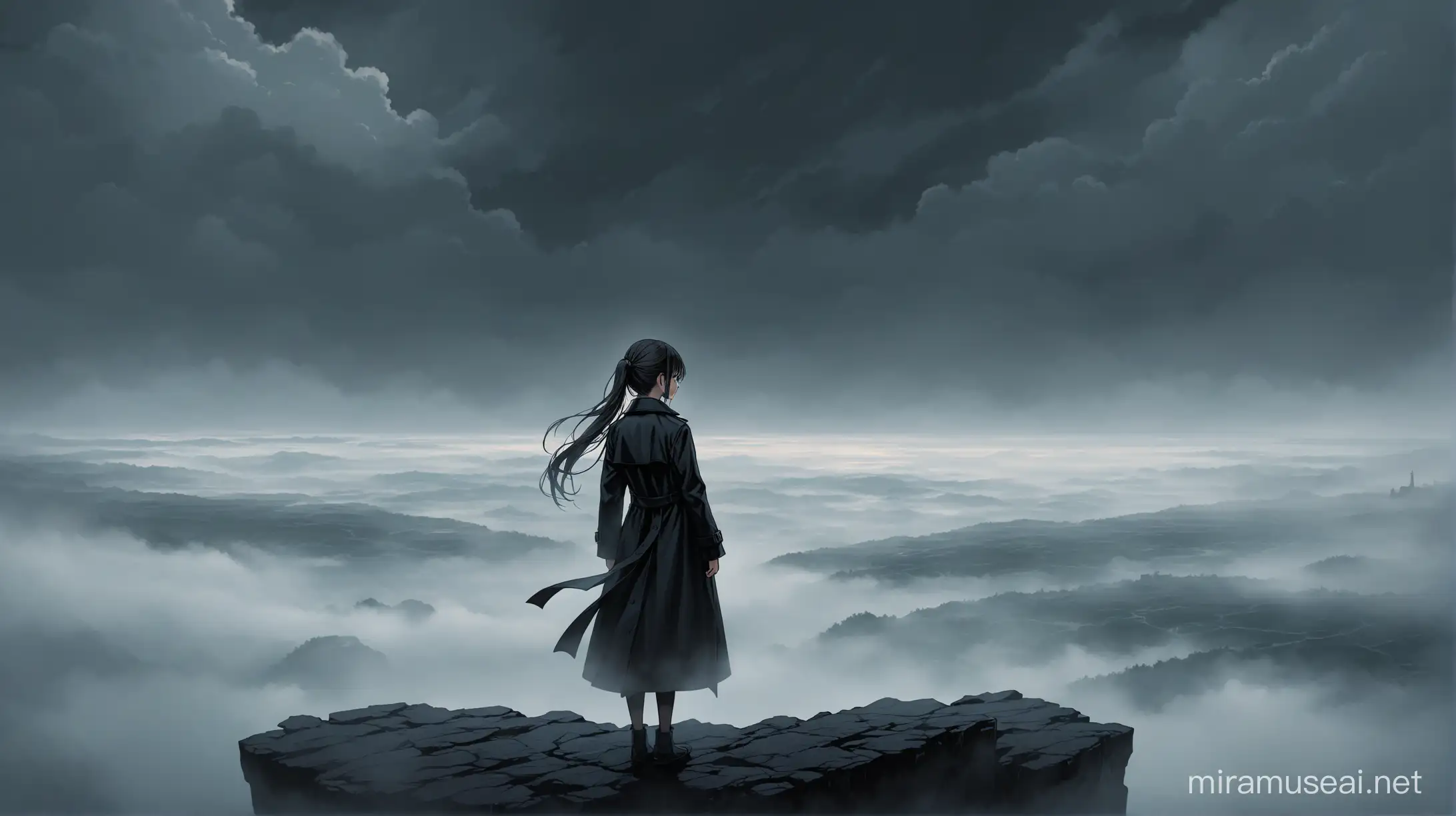 Девушка в черном стренче, с длинными косичками и таинственным взглядом, стоит на краю высокой скалы, окруженной мрачными облаками и туманом.