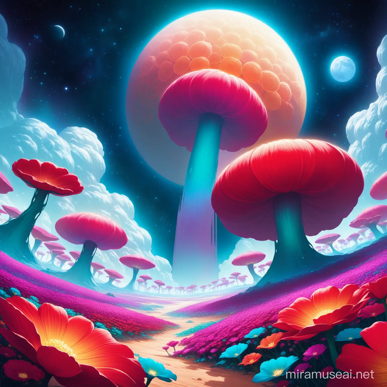 Vibrant Extraterrestrial Flora Surrounding a Lunar Colony