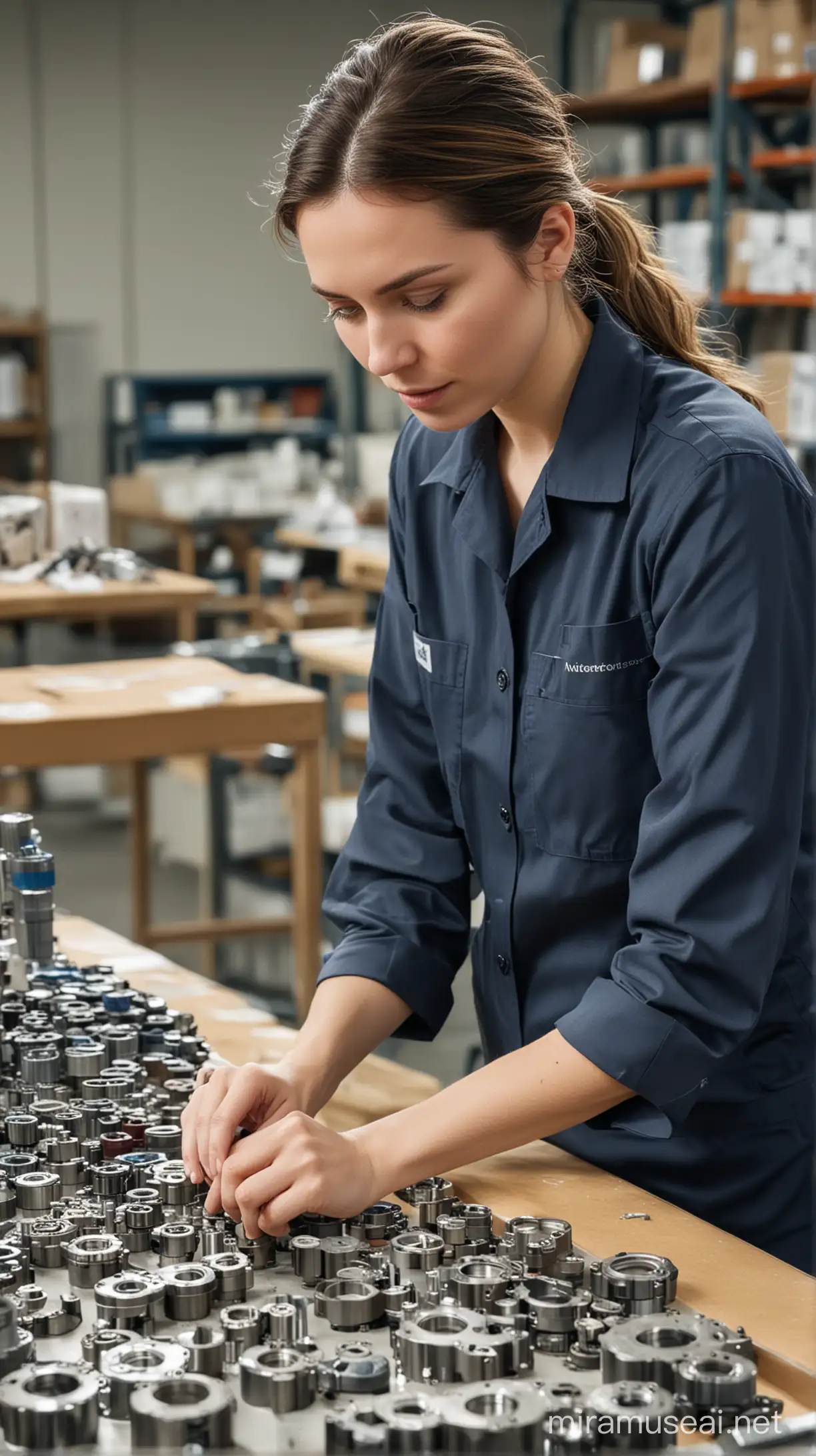 The image features a female employee of Voyapa meticulously inspecting and packaging spare parts. She should exude a functional and professional appearance, projecting seriousness and meticulousness in her task, with a demeanor that inspires confidence. In the background, there should be a clean and orderly workspace, emphasizing professionalism and attention to detail. The overall image should convey a sense of professionalism, quality, and trust.
