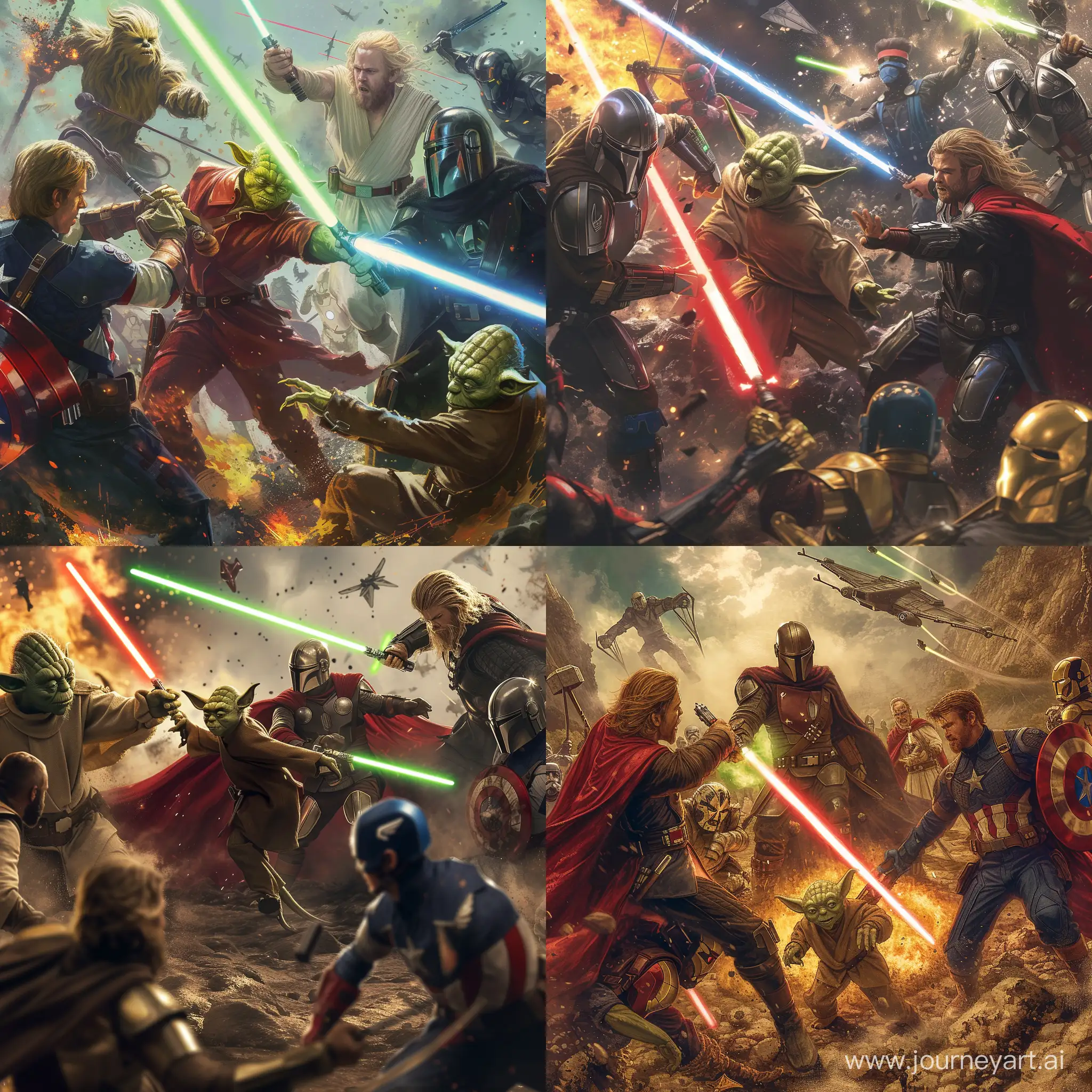 yoda fighting with saruman, obi wan kenobi and anakin skywalker fighting with thor and loki, the mandalorian fighting with iron man, captain america fighting with mace windu in the trojan battle 