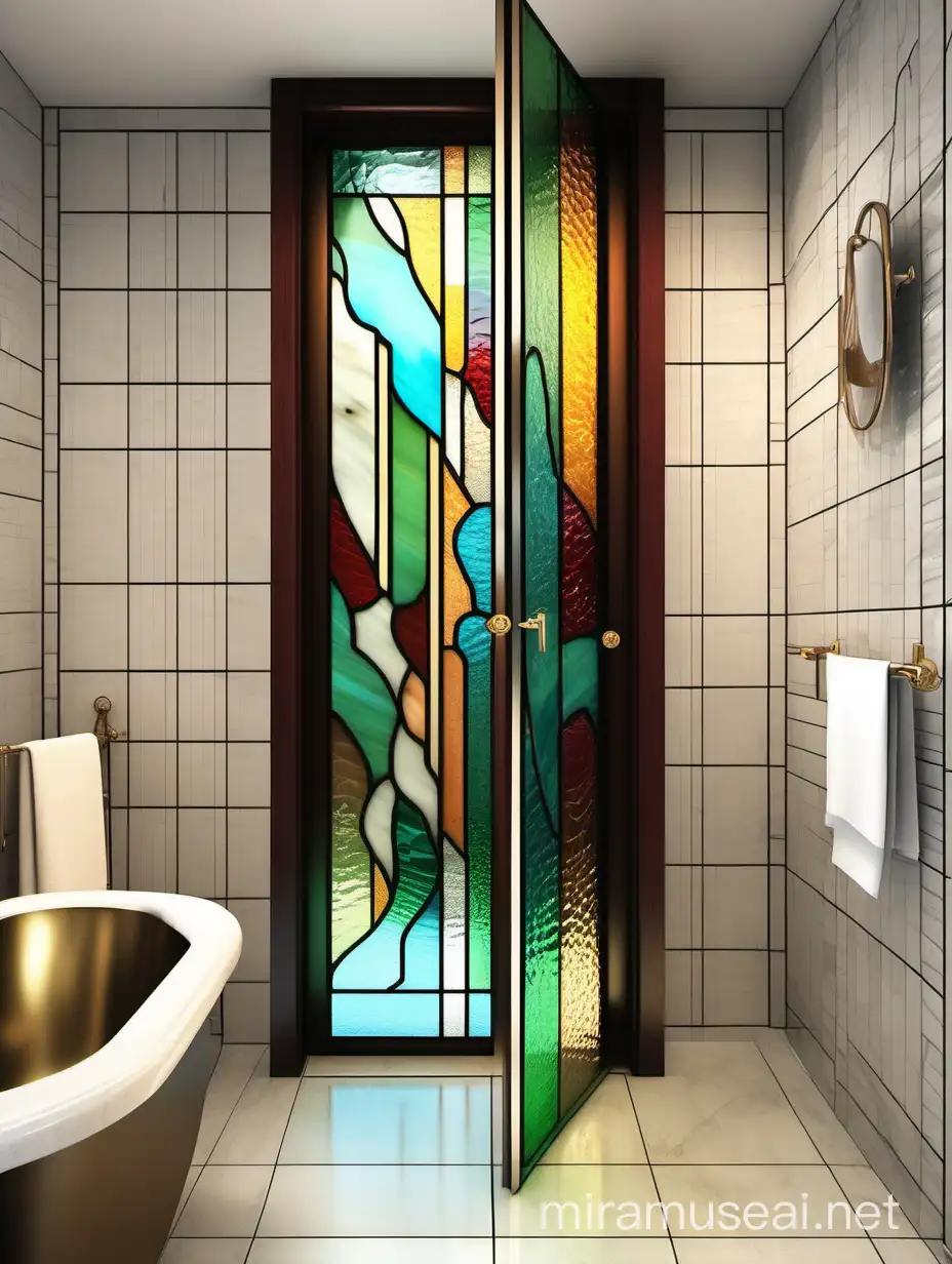 витражная дверь,
из цветного стекла тиффани, с абстрактными цветами стоит в ванной комнате