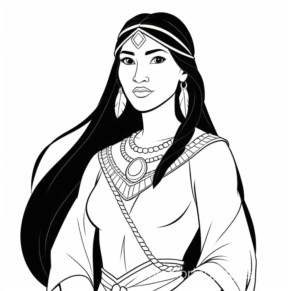 Pocahontas, Coloring Page, black and white, line art, white background, Simplicity, Ample White Space. The background of the coloring page is plain white to make it easy for young children to color within the lines. The outlines of all the subjects are easy to distinguish, making it simple for kids to color without too much difficulty