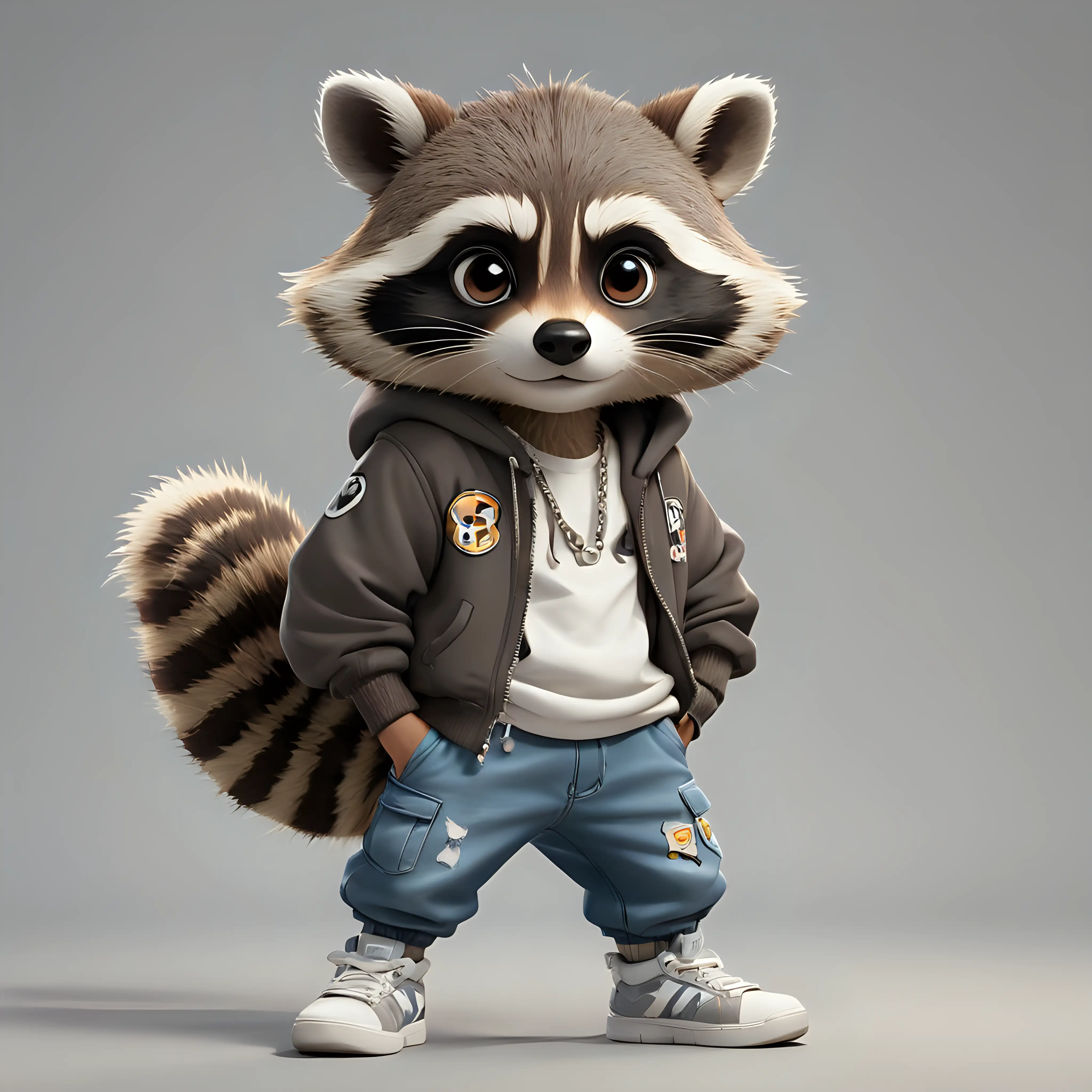 A cute raccoon in cartoon style, full body, Hip hop  clothes, with clear background