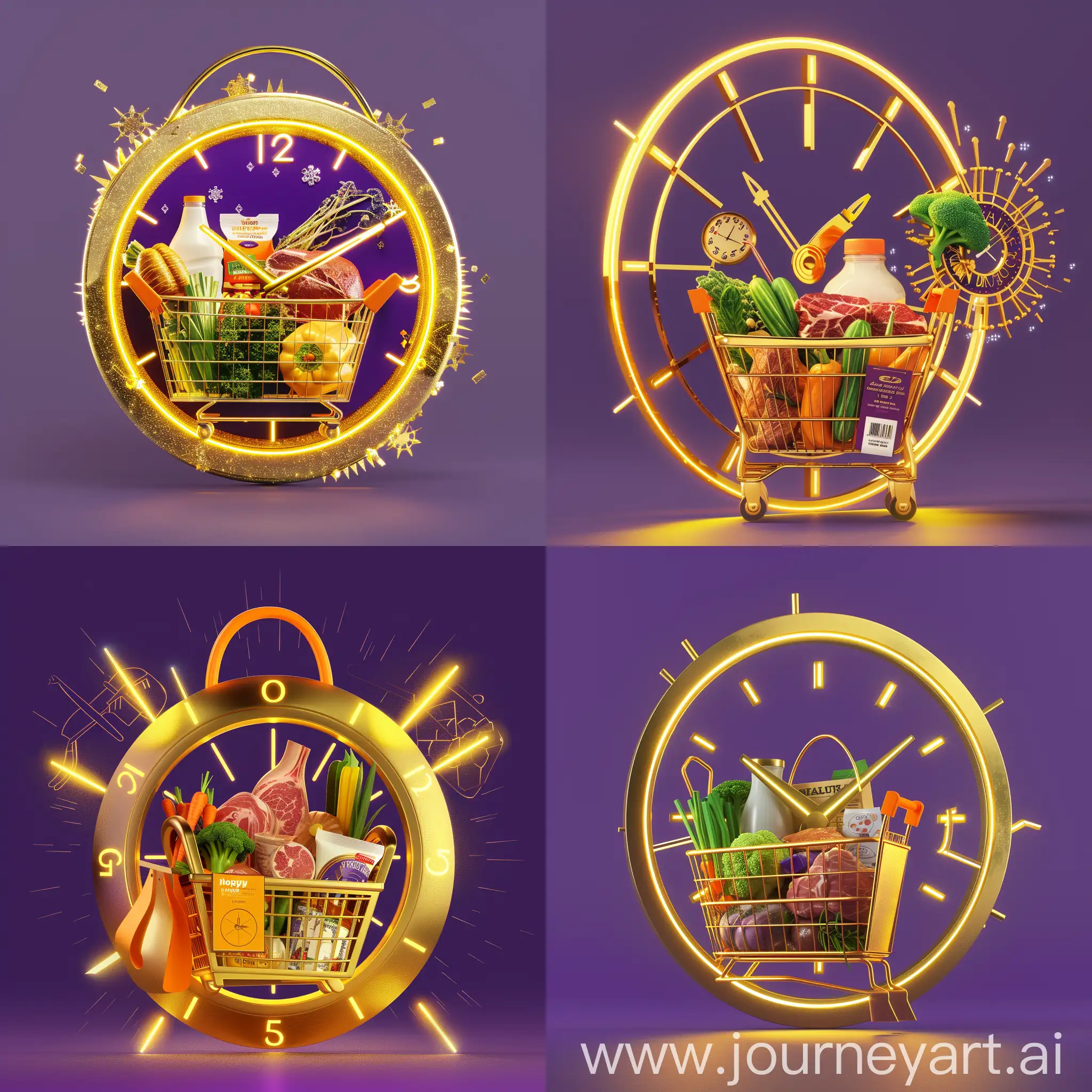 Golden-Clock-with-Shopping-Basket-Overflowing-with-Fresh-Groceries-on-Purple-Background