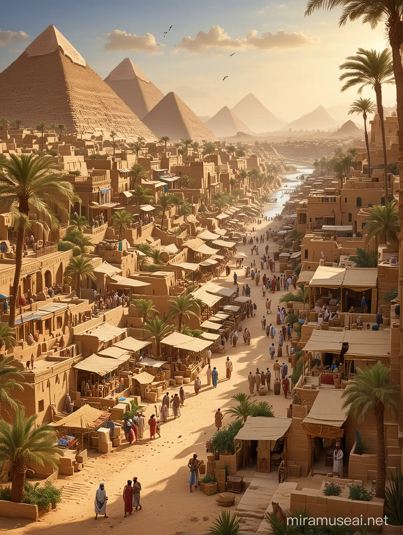 Generate an illustration capturing the vibrant life and grandeur of ancient Egyptian civilization during the BC era. Depict the iconic landscape of the Nile River valley with lush greenery and fertile farmland, contrasted against the golden sands of the surrounding desert. Show majestic pyramids rising towards the heavens, surrounded by bustling cities and bustling marketplaces. Include scenes of daily life, with farmers tending to their crops along the riverbanks, craftsmen honing their skills in workshops, and priests conducting rituals in temple courtyards. Ensure accuracy in depicting traditional Egyptian attire, architecture, and cultural elements such as hieroglyphics and religious symbolism, to authentically convey the rich history and heritage of this ancient society."