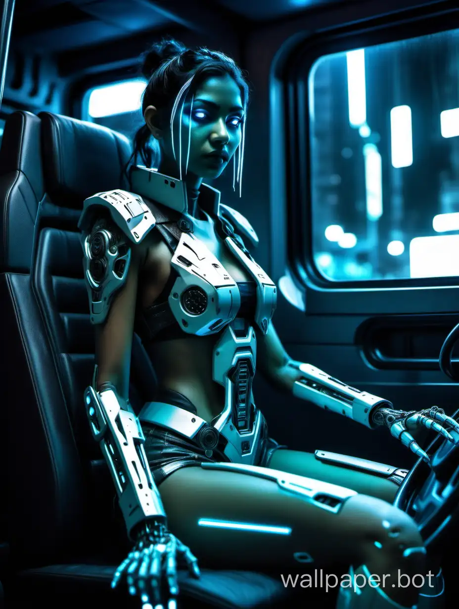 Glowing body 20 years old Indian humanoid  Female sitting inside driving cyberbunk car of Cyberpunk City