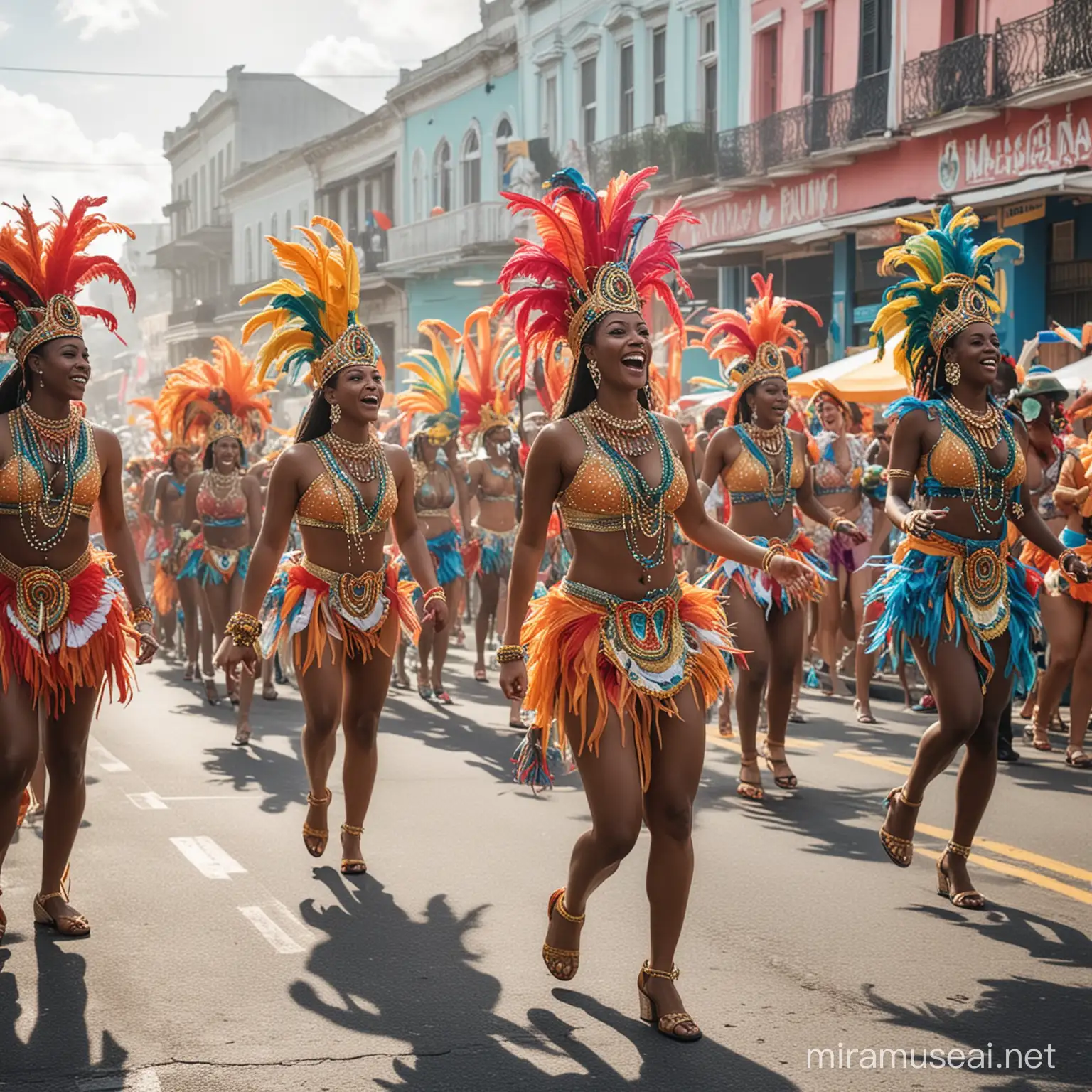 Create a digital photo of a lively Caribbean carnival scene in a city street. The parade should be full of color and energy, with floats,  jugglers, dancers, performers, and a cheering crowd. The lighting should be bright and clear, highlighting the vibrant colors of the parade.