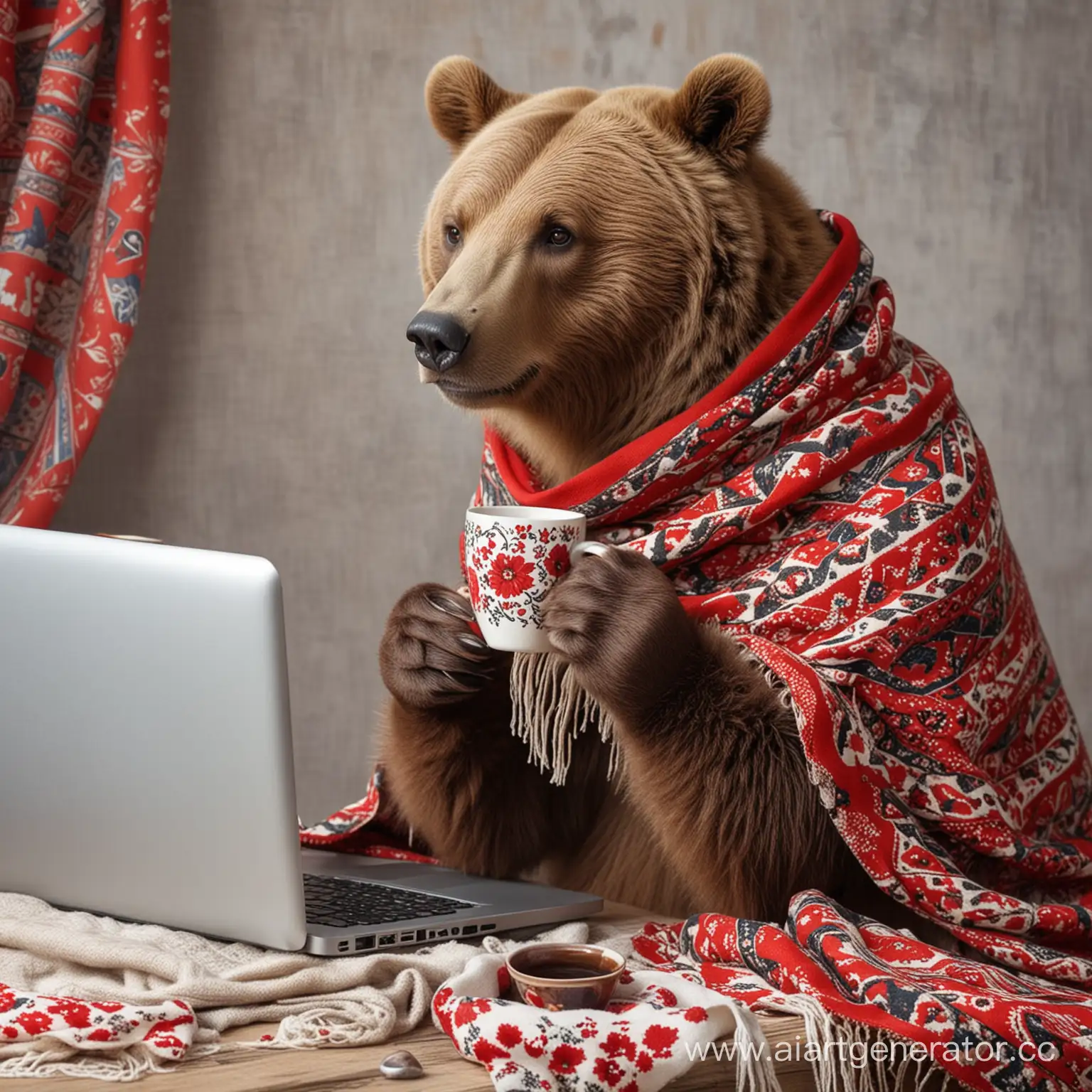 бурый медведь в русском платке с узорами работает за компьютером и пьет чай