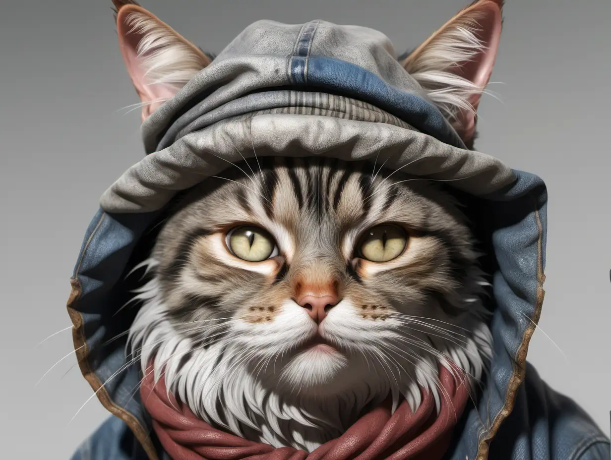photo realistic, highly detailed. A cat is a hobo. 