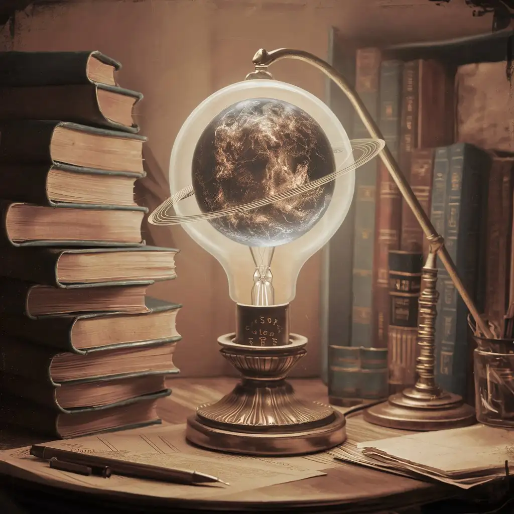 НА столе лампа. Вместо лампочки в лампе, красивая светящаяся планета Меркурий. НА столе стопка книг, ручки, бумага
