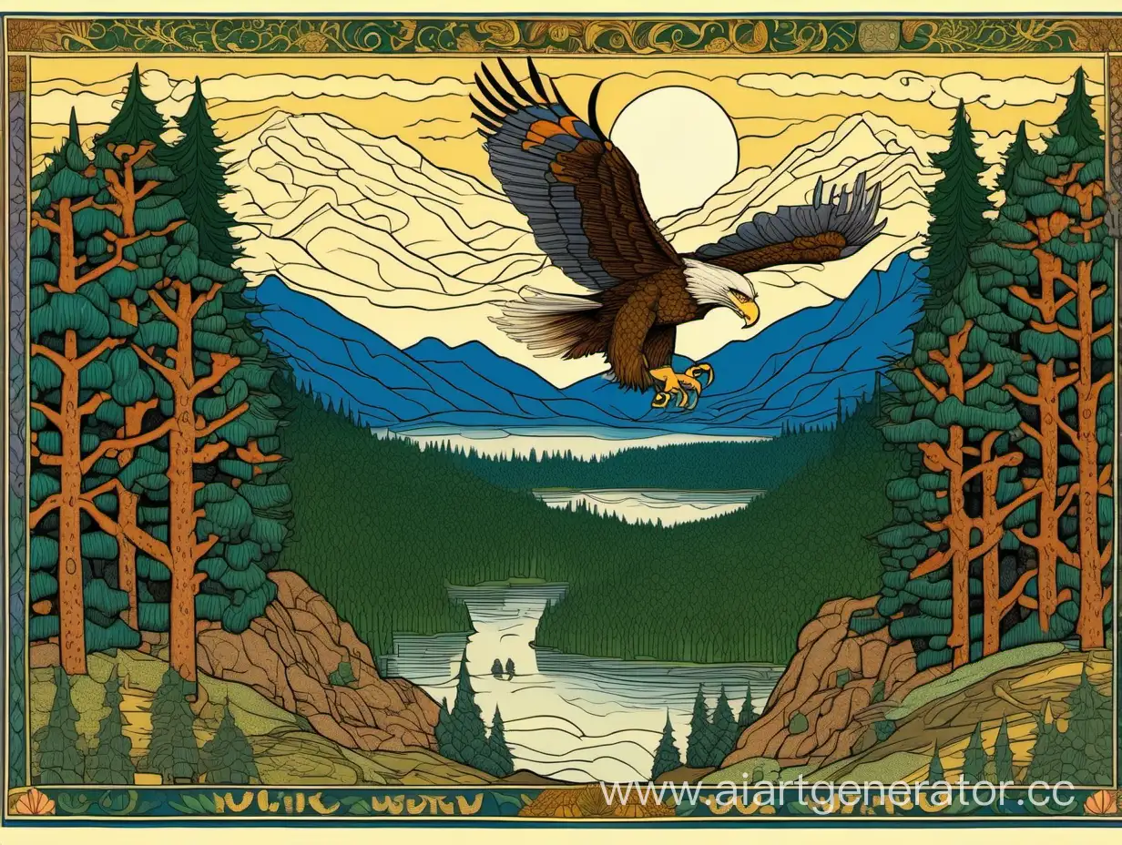 Иллюстрация к сказке в стиле Билибина, Размера 39 на 34 сантиметра, На заднем плане горы, на среднем плане лес, На переднем 5 штук елок и на одно сидит орел