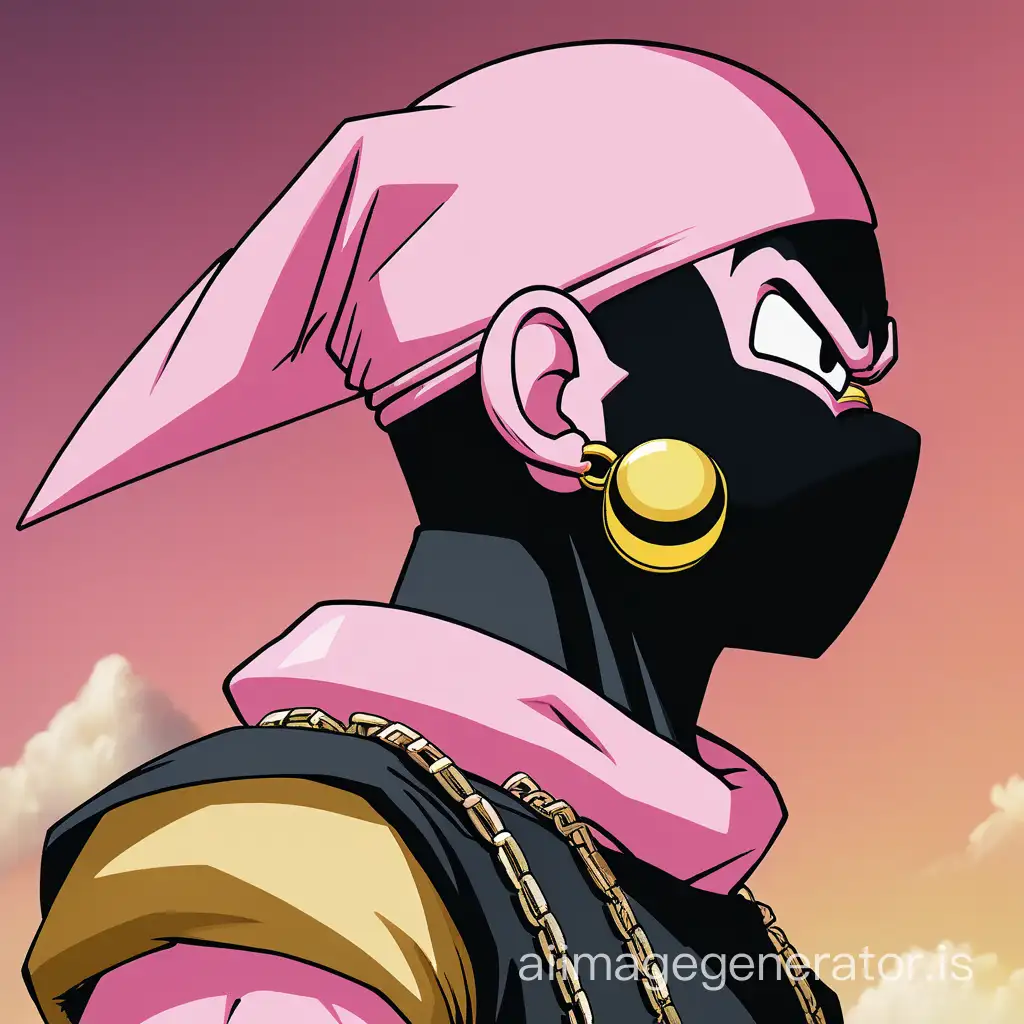A side profile picture of Kid Buu from dragonball-z wearing a black ski mask around his head. Cuban gold chains.