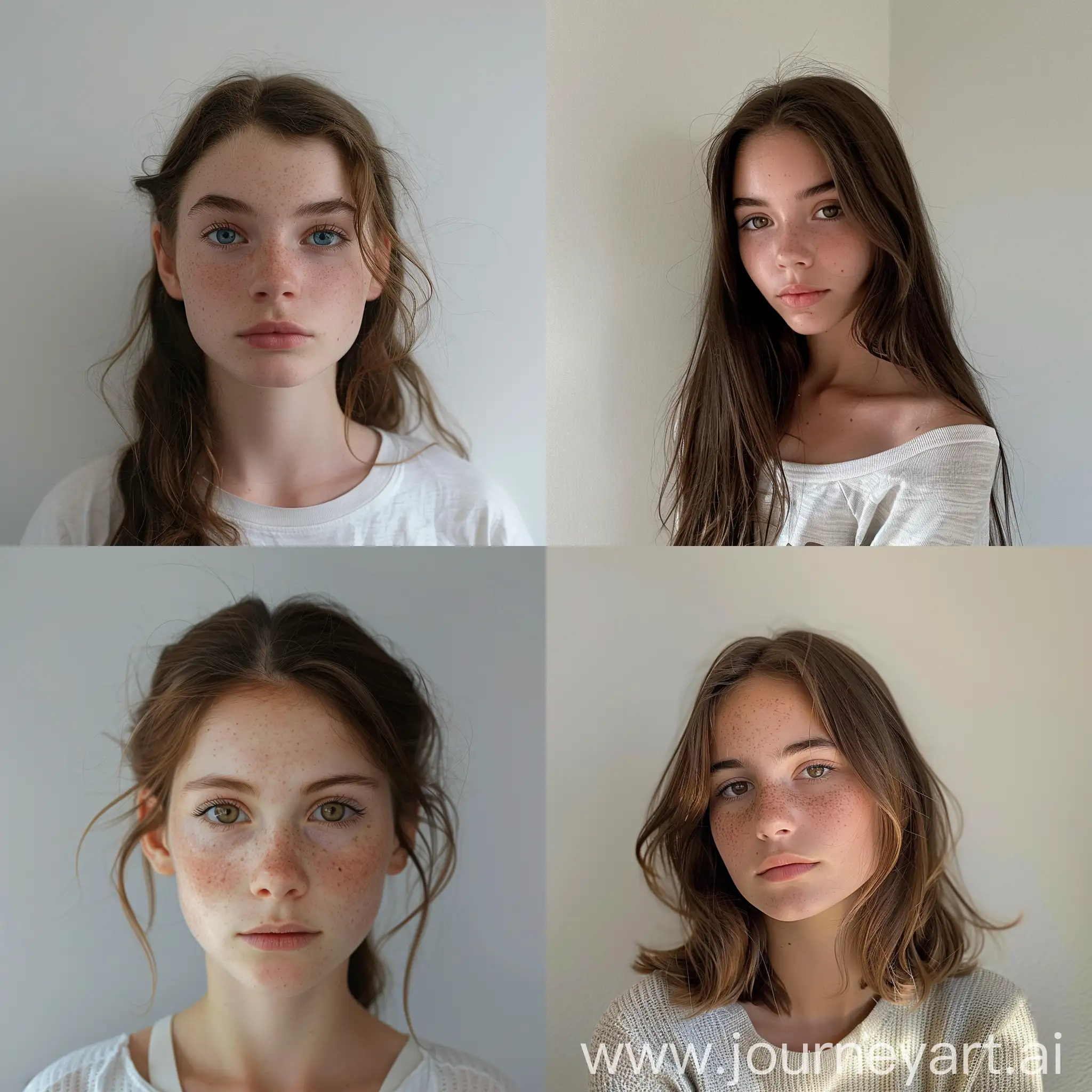 picture of a 19 year old girl, with a white background, shot inside, looks as real as it gets, no visible deformation, she doesn't look unrealistic, she doesn't look like a model, she is just an average girl, boring picture