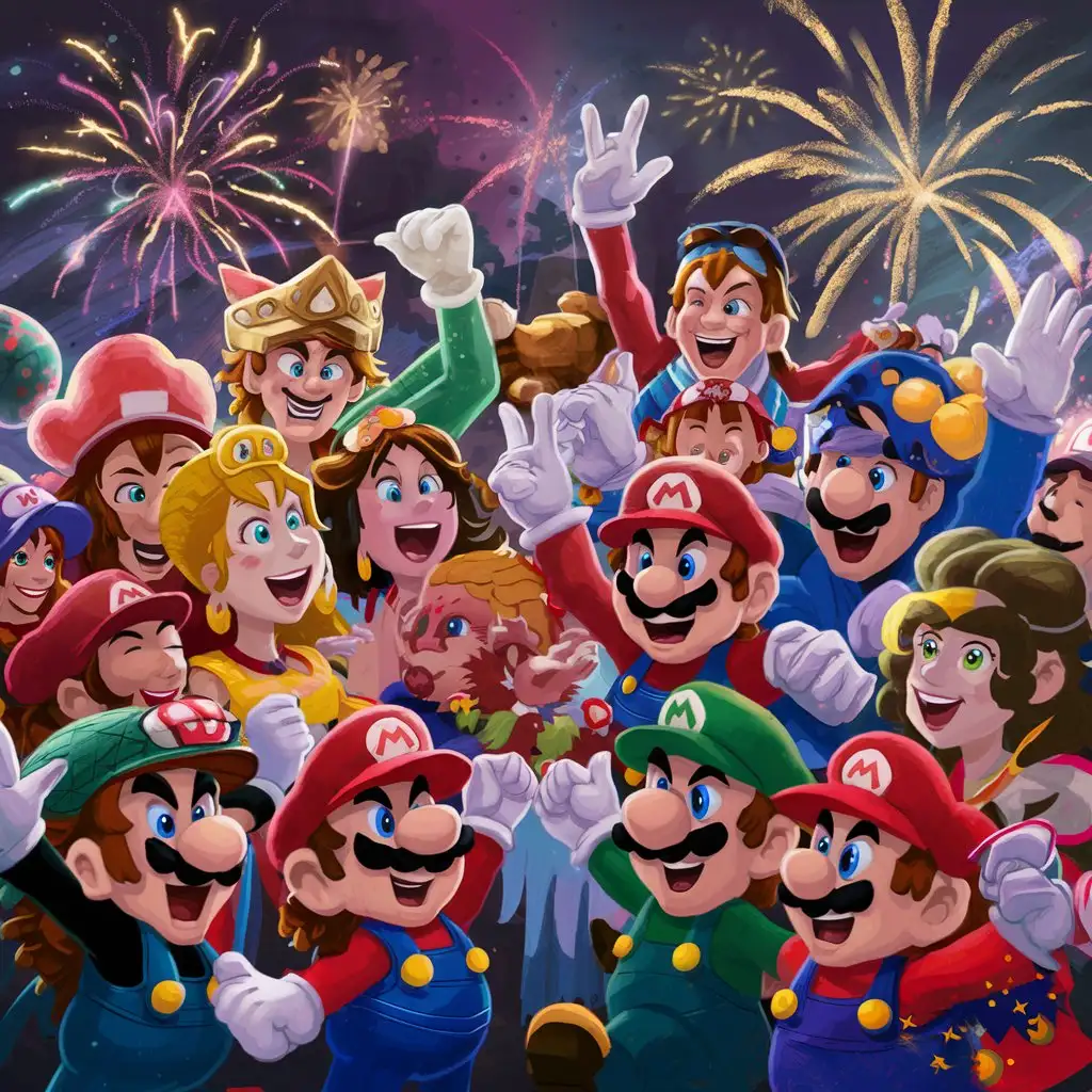 Festive Group of Mario Characters Enjoying Fireworks Display