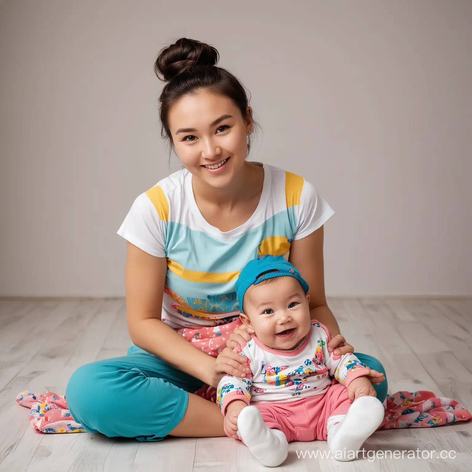 Kazakh young woman with a baby 6 month in arms, she sitting on the floor. In colorful T-shirts. Smiles. The background is white