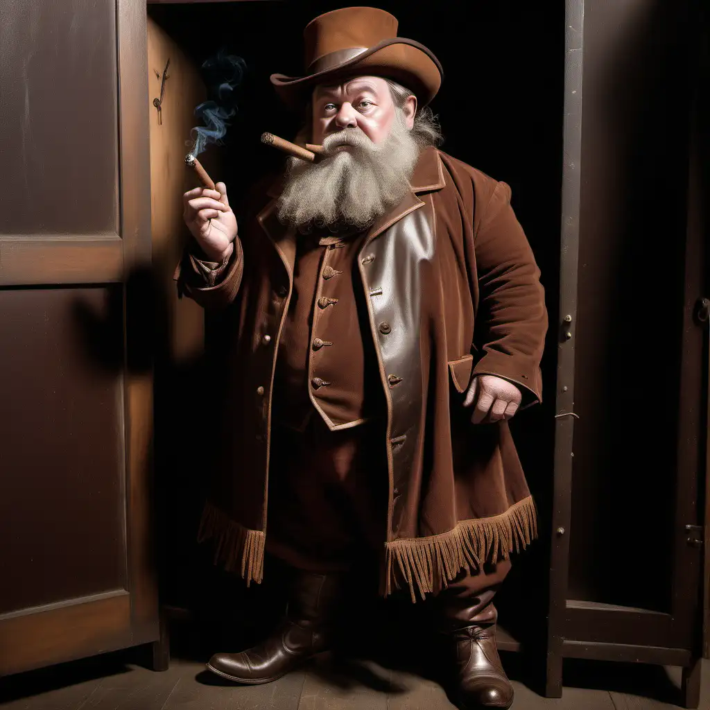 

a supernatural dwarf , smoking a cigar, wearing 1800's brown clothing & with leather shoes with leather fringing on the top  ,wearing a A hat, in a wardrobe