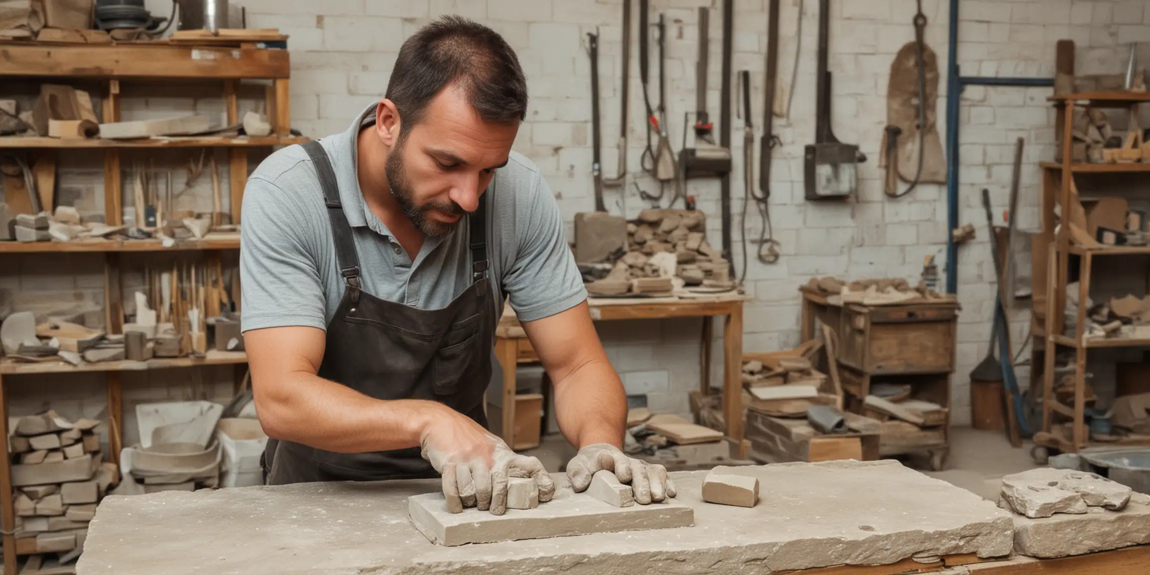 Skilled Craftsman Carving Stone in His Workshop
