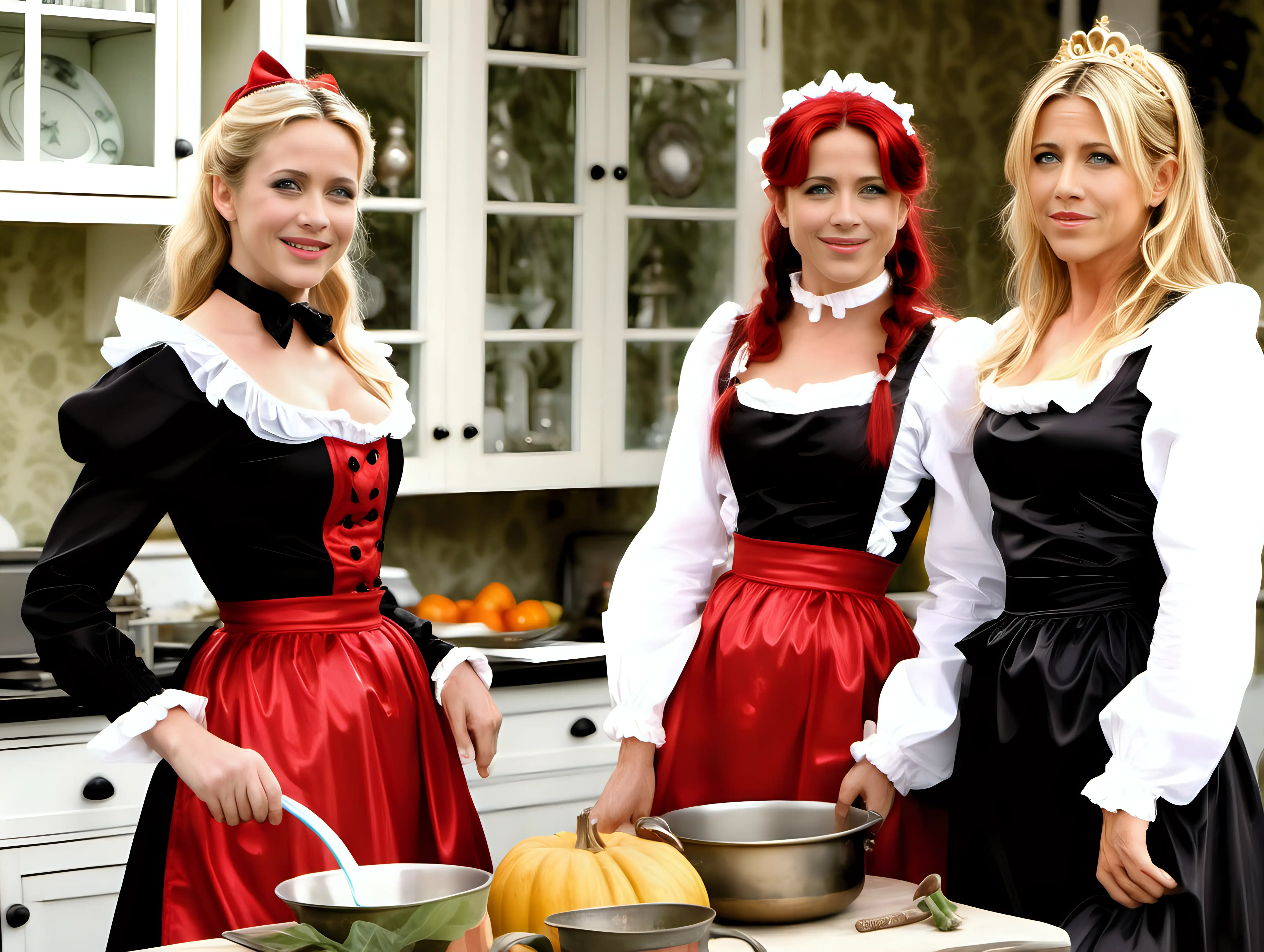girls in long crystal silk satin red black retro victorian maid gown with white apron and peter pan colar and long sleeves costume and milf mothers long blonde and red hair,black hair rachel macadams and Jenifer aniston smile in kitchen garden Cinderella