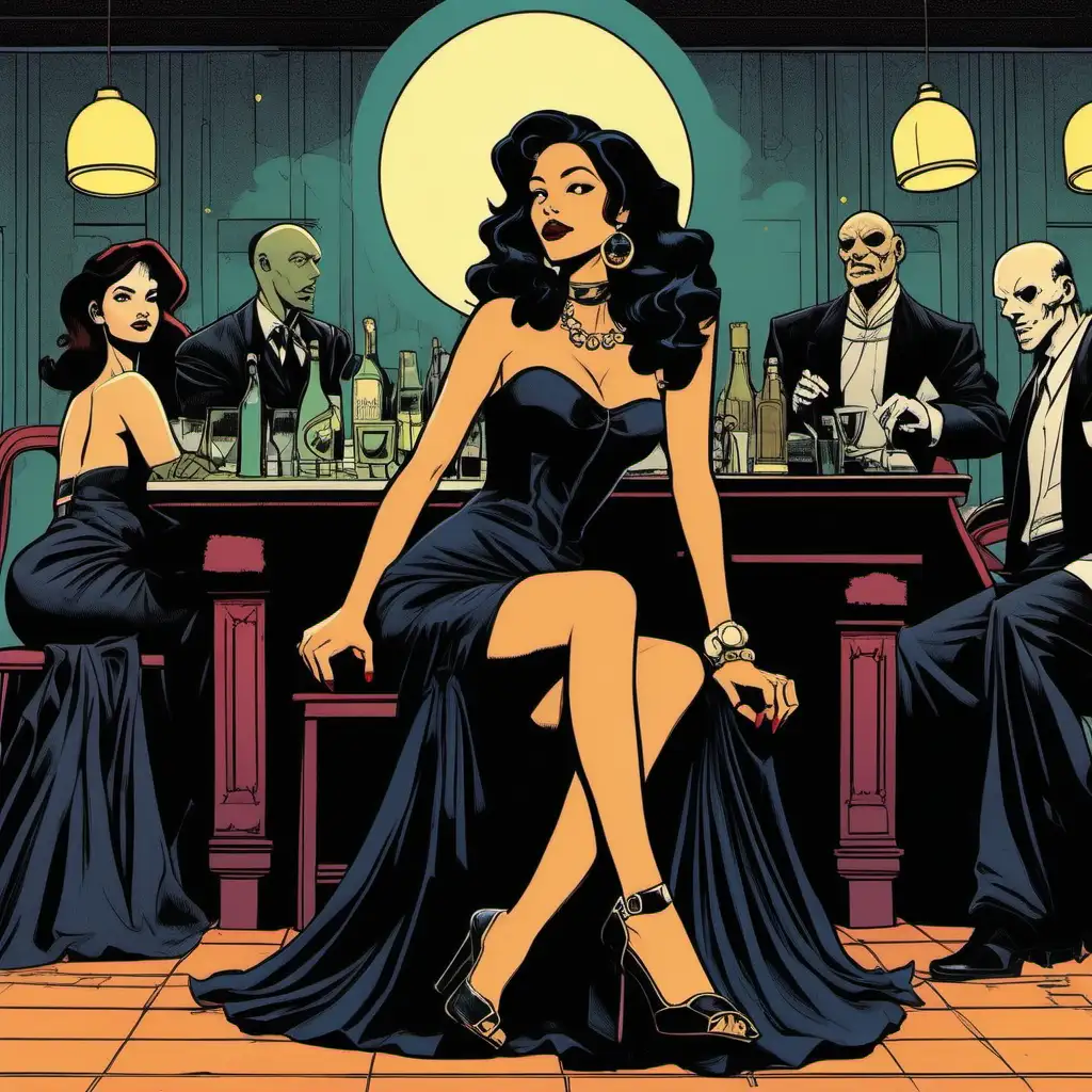 /imagine a beautiful young latina woman in a black party dress sitting at a party. line drawn with color in the style of Mike Mignola
