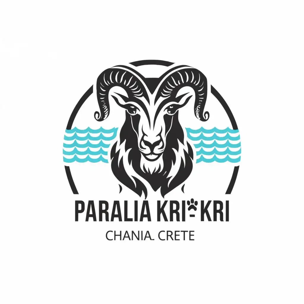logo, black and white logo of a majestic greek mountain goat head with beach waves around it, with the text ""Paralia Kri Kri" Chania, Crete", typography, be used in Animals Pets industry