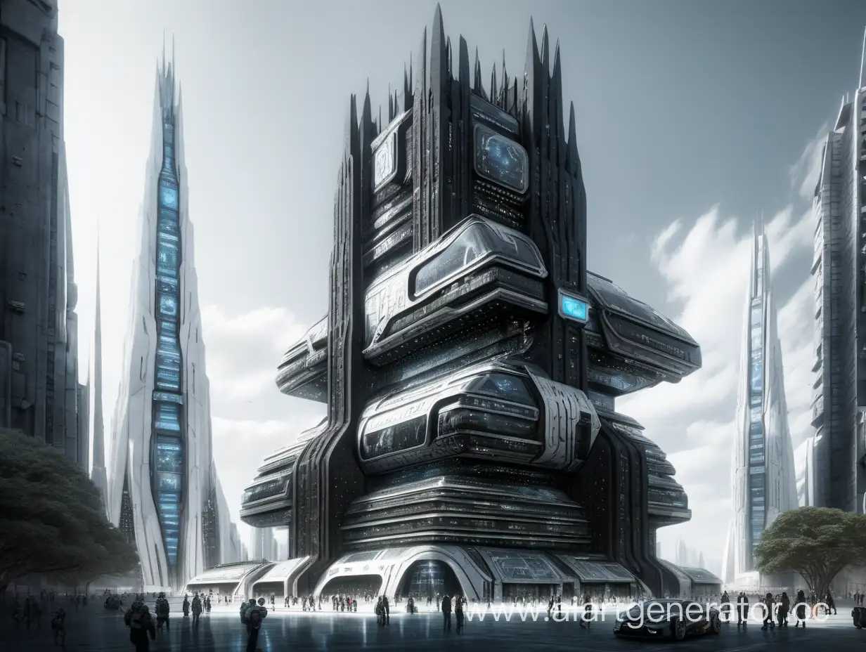 Futuristic-White-City-with-Tall-Black-Metal-and-Stone-Building
