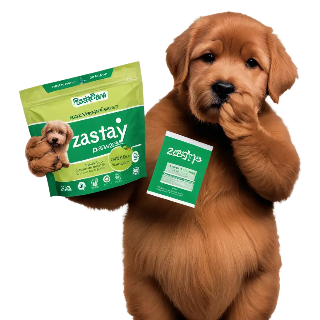 a cute dog holding zasty paws product packet holding with his hand

